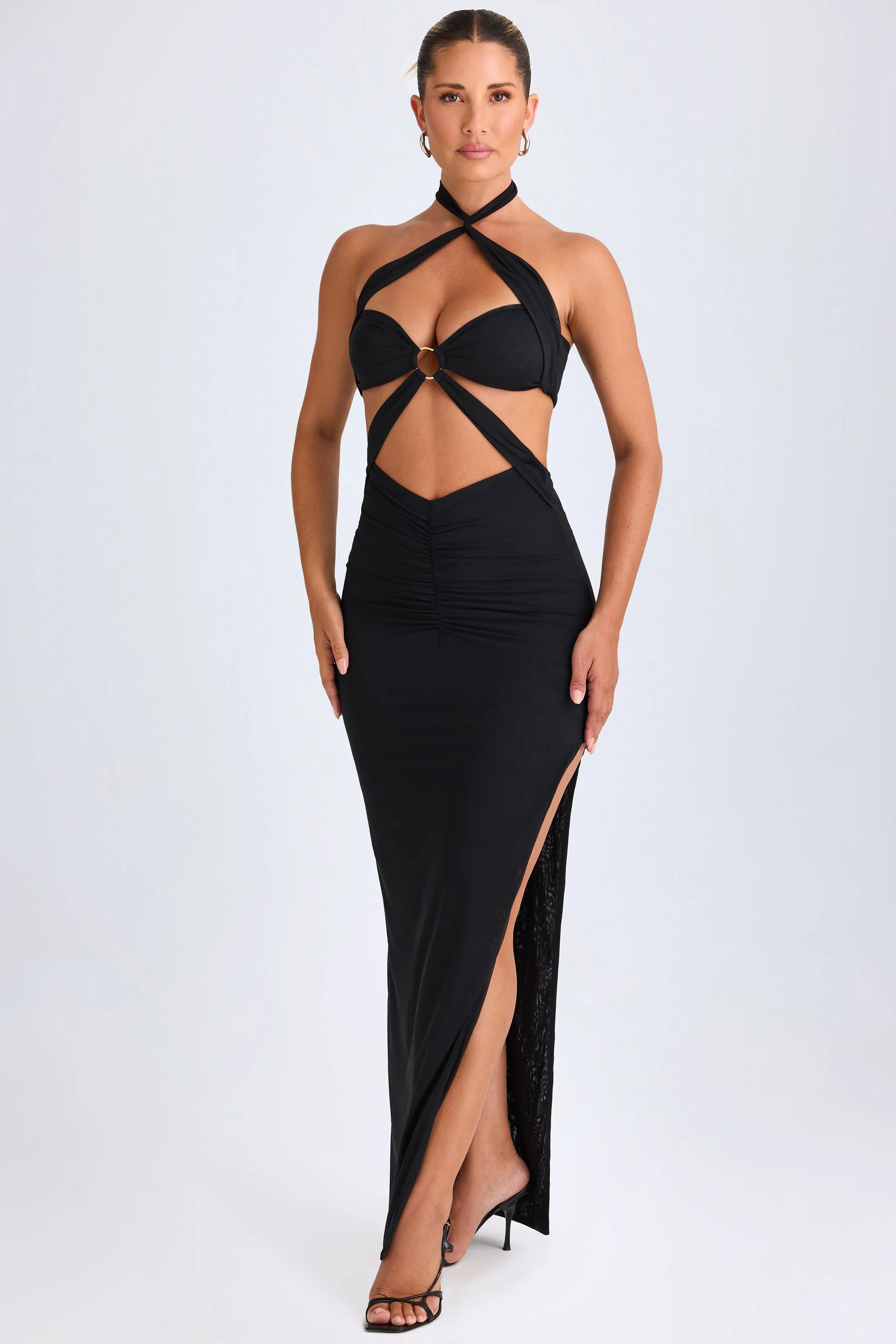Hardware Detail Cut-Out Halterneck Maxi Dress in Black - Image 5