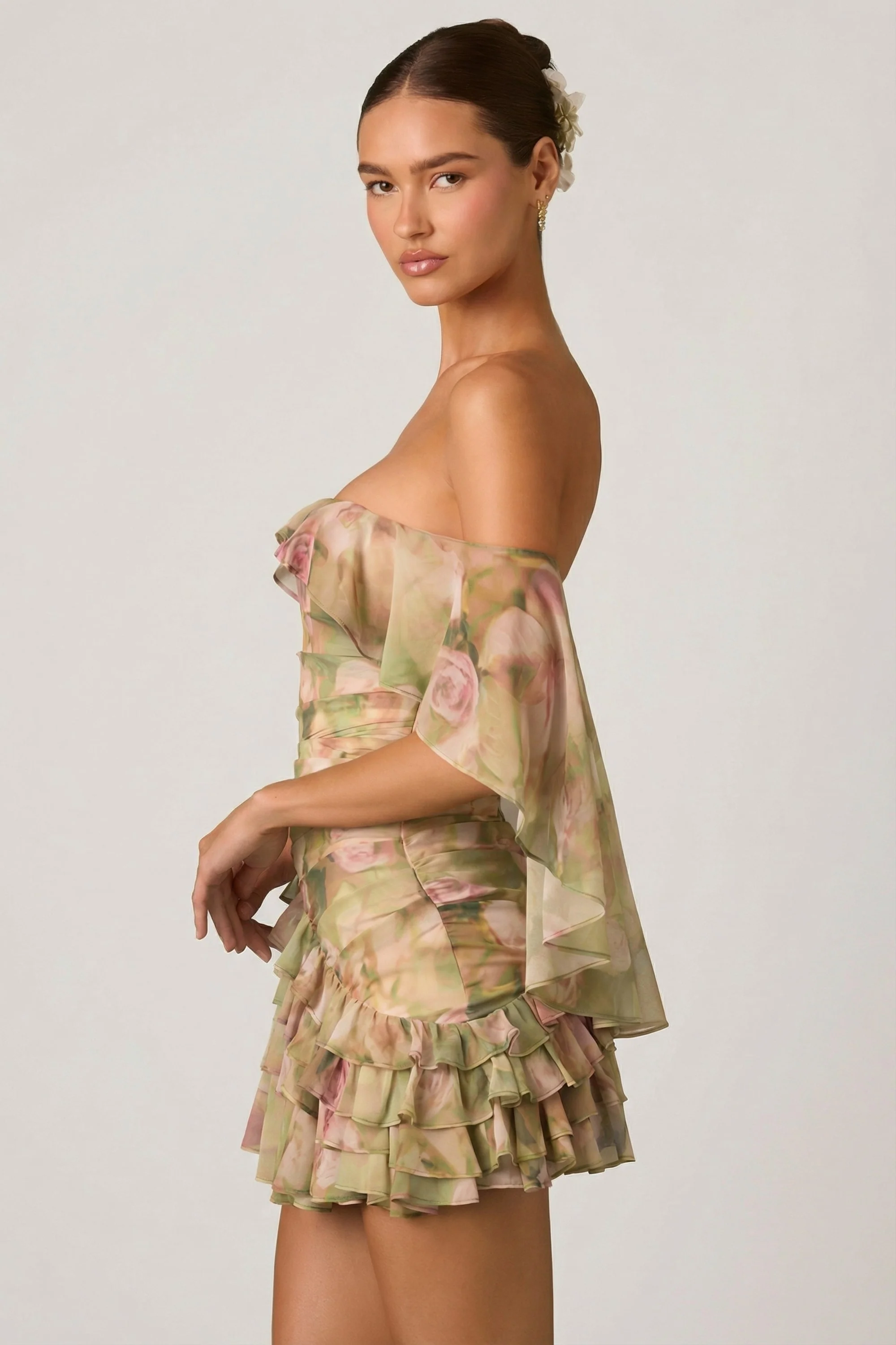 Off-Shoulder Ruffled Mini Dress in Floral Multi Print - Image 5