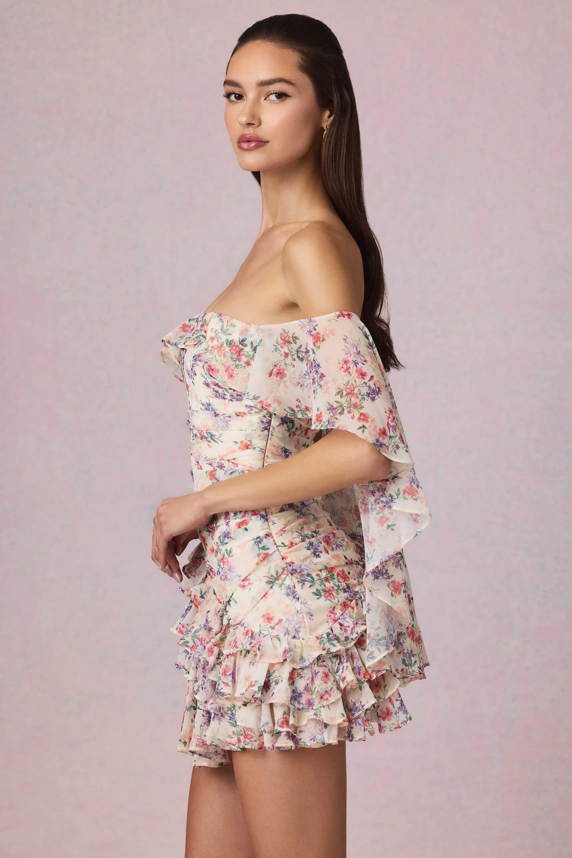 Off-Shoulder Ruffled Mini Dress in Primrose Floral Print - Image 3