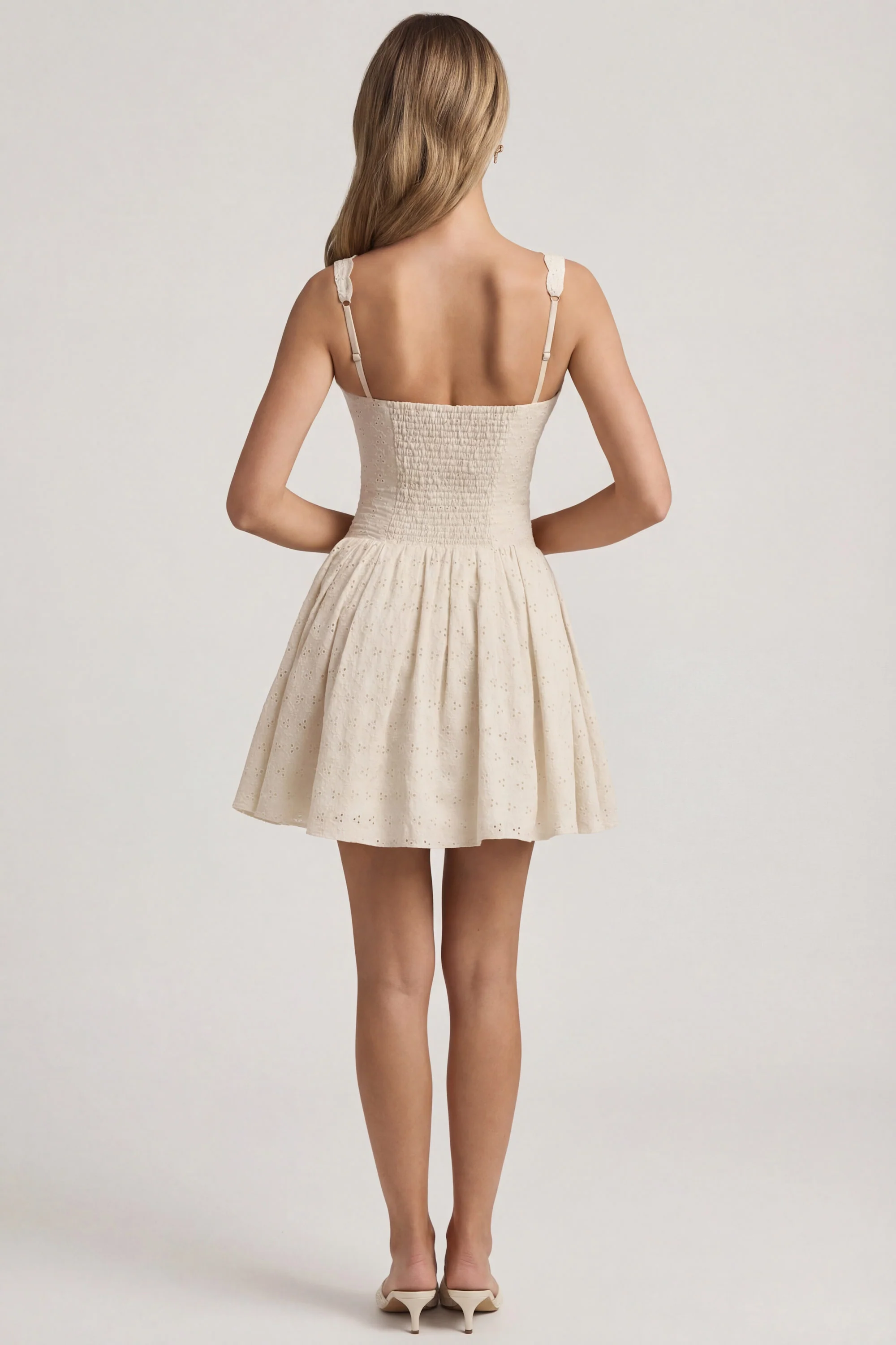 Broderie Anglaise Bow-Detail A-Line Mini Dress in Ivory - Image 3