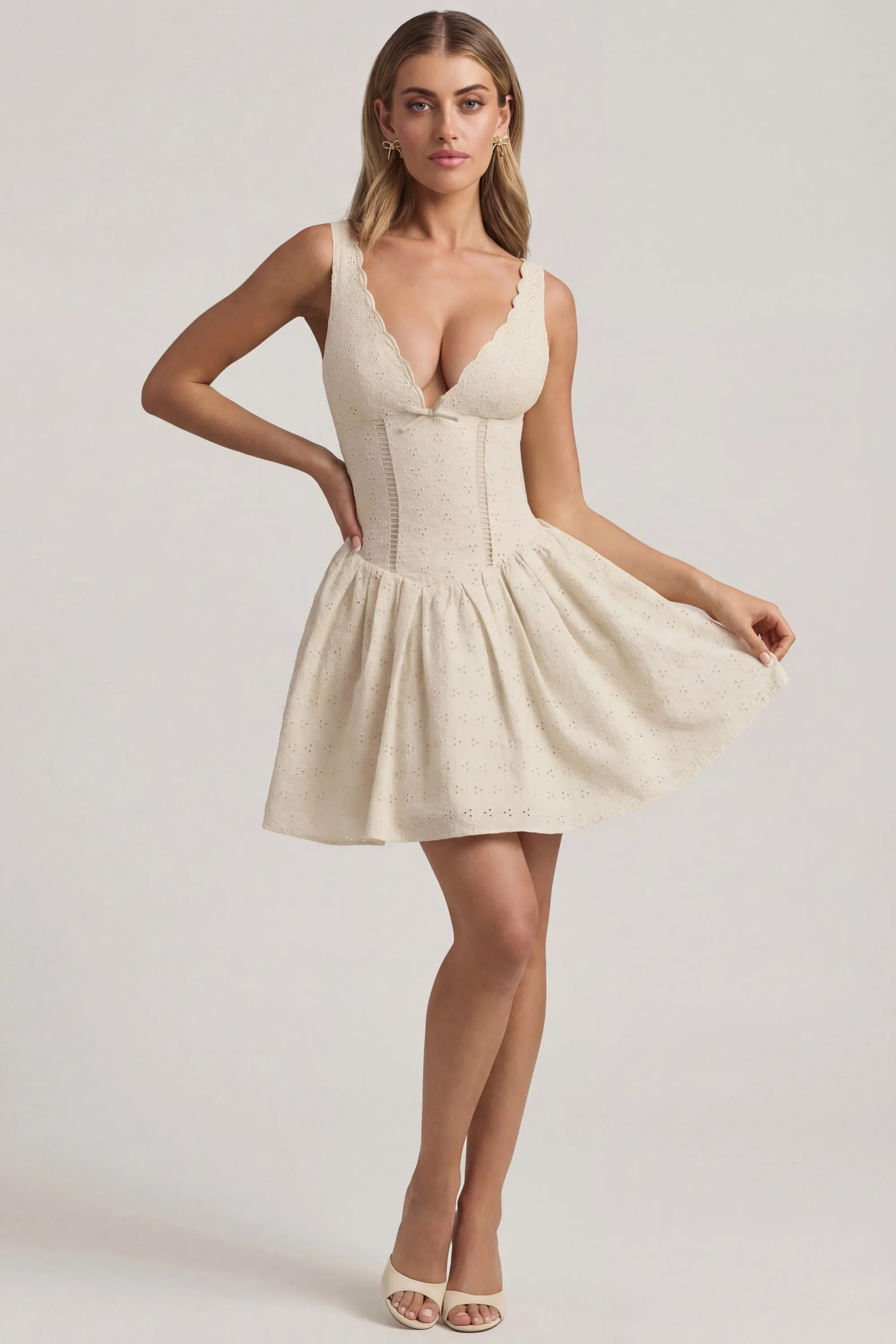 Broderie Anglaise Bow-Detail A-Line Mini Dress in Ivory - Image 6