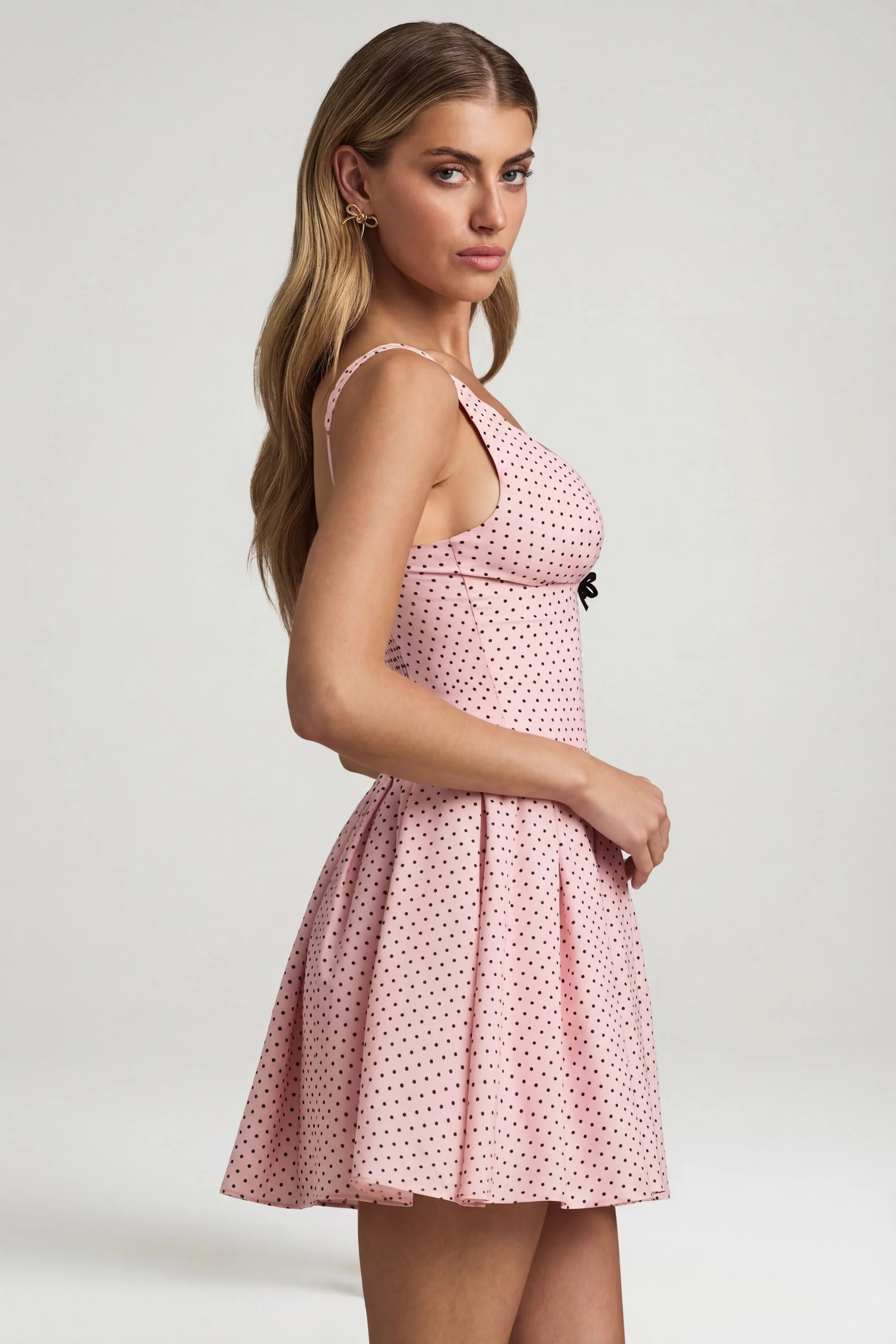 Bow-Detail A-Line Mini Dress in Pink Polka Dot - Image 4