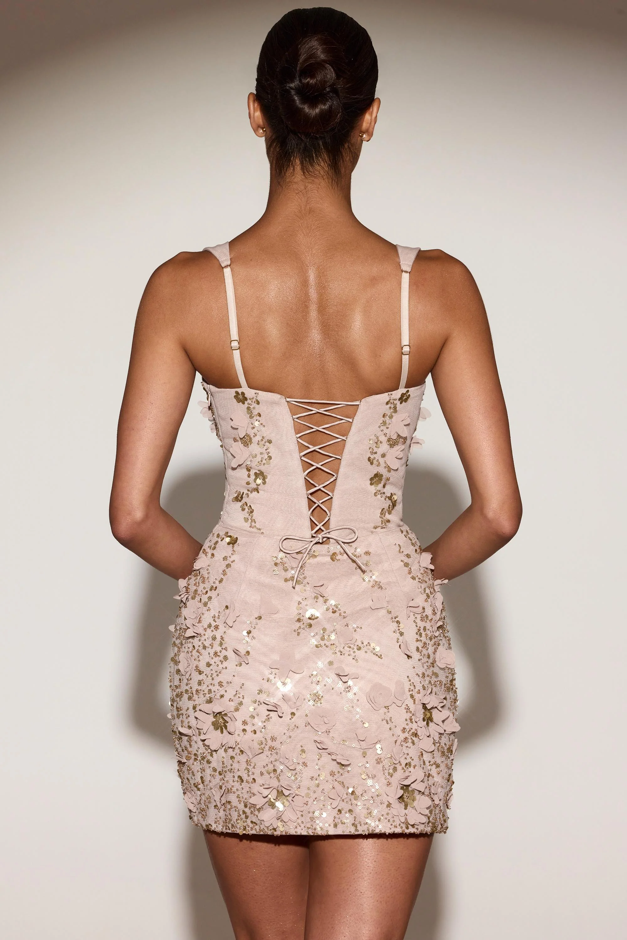 Embellished Appliqué Corset Mini Dress in Pale Gold - Image 3
