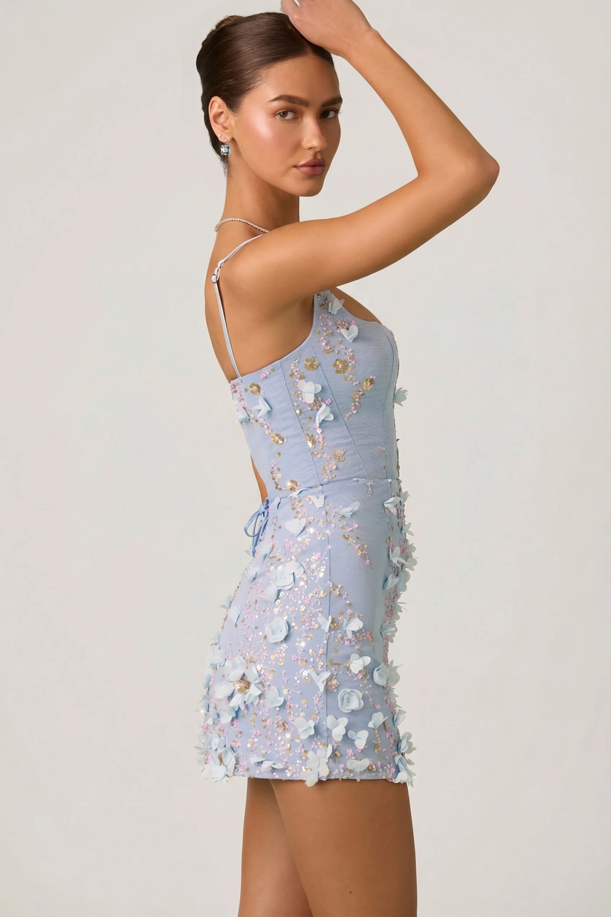 Embellished Appliqué Corset Mini Dress in Sky Blue - Image 5
