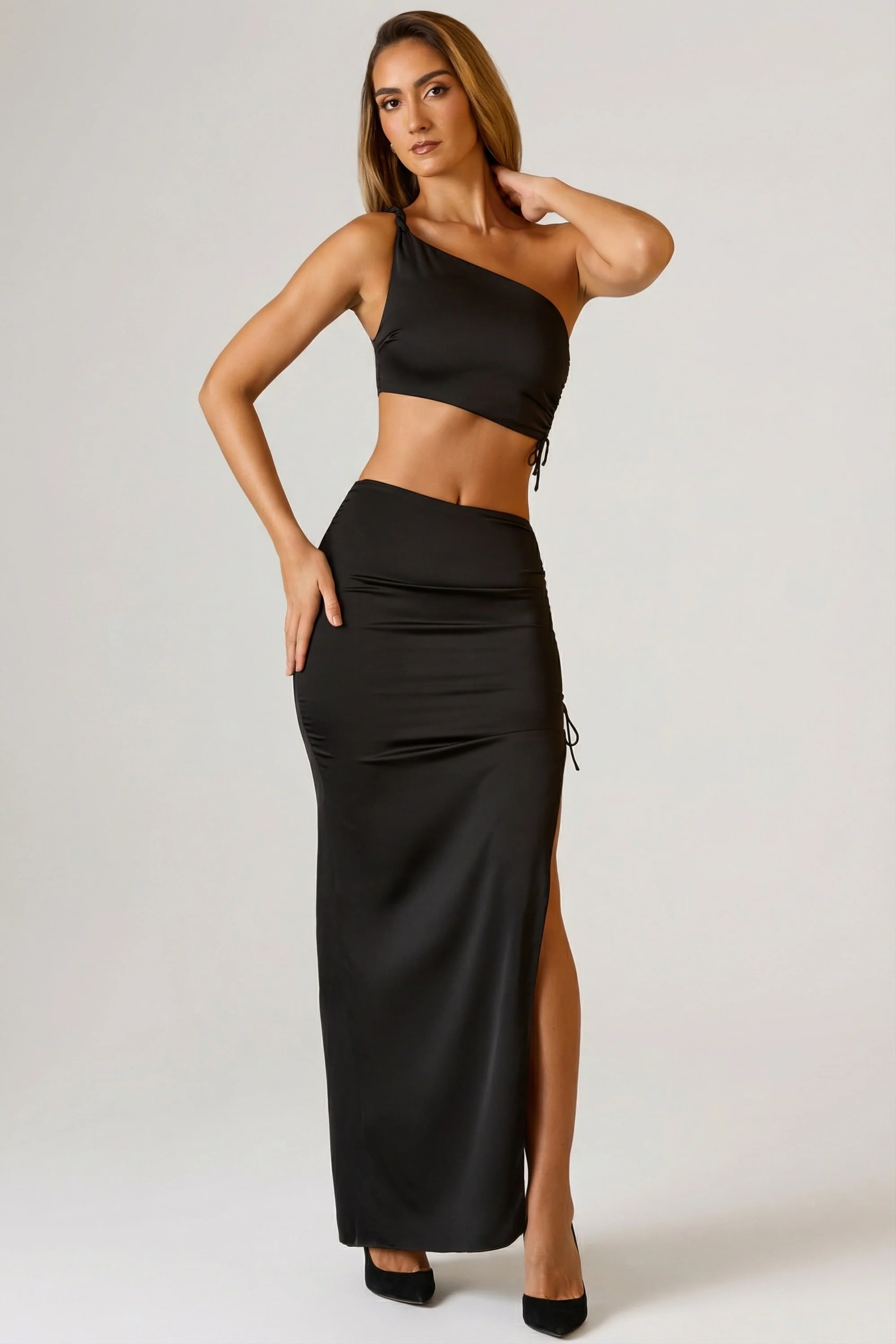 Ruched Asymmetric Crop Top in Black - Image 6