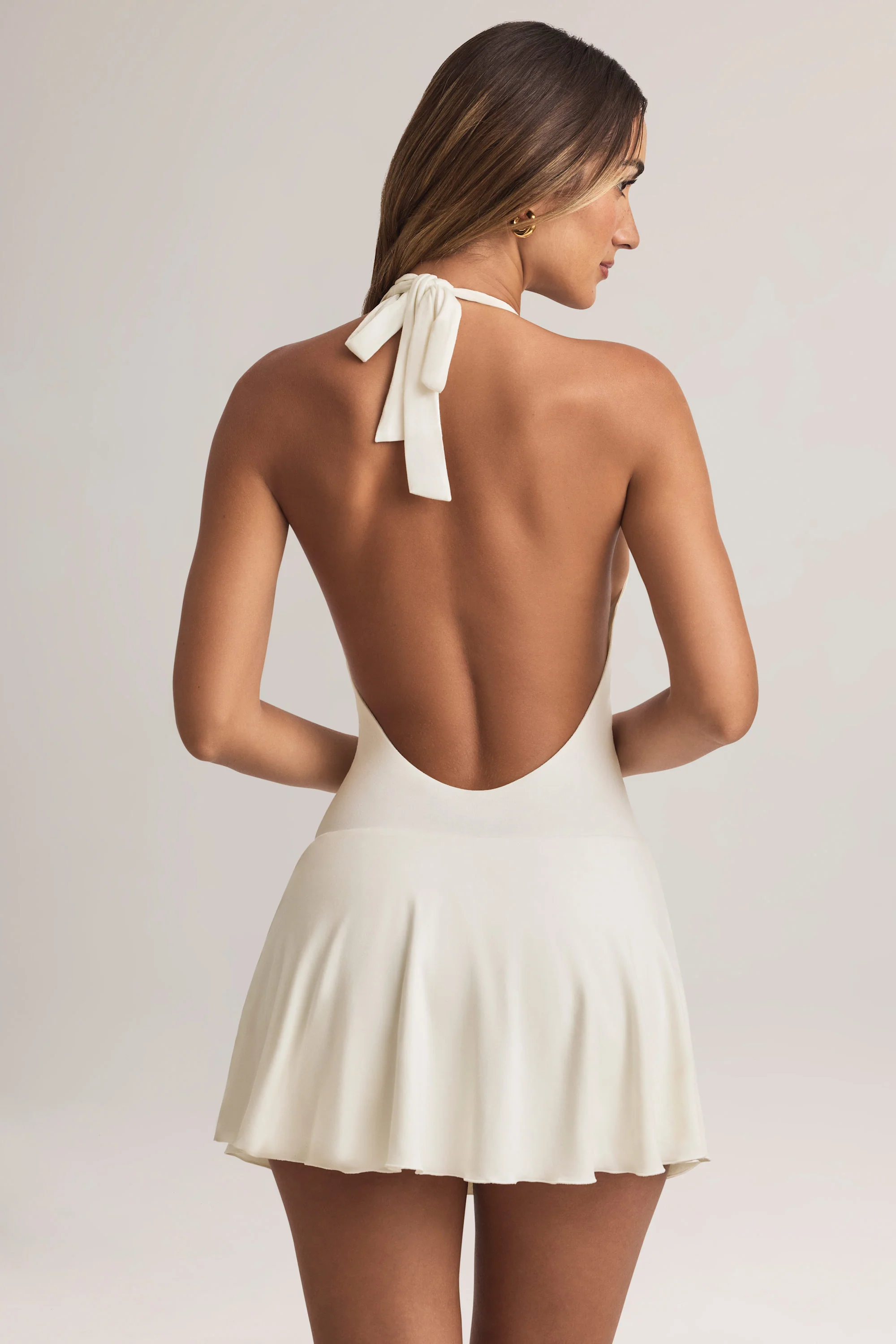 Modal Halterneck A-Line Mini Dress in White - Image 3