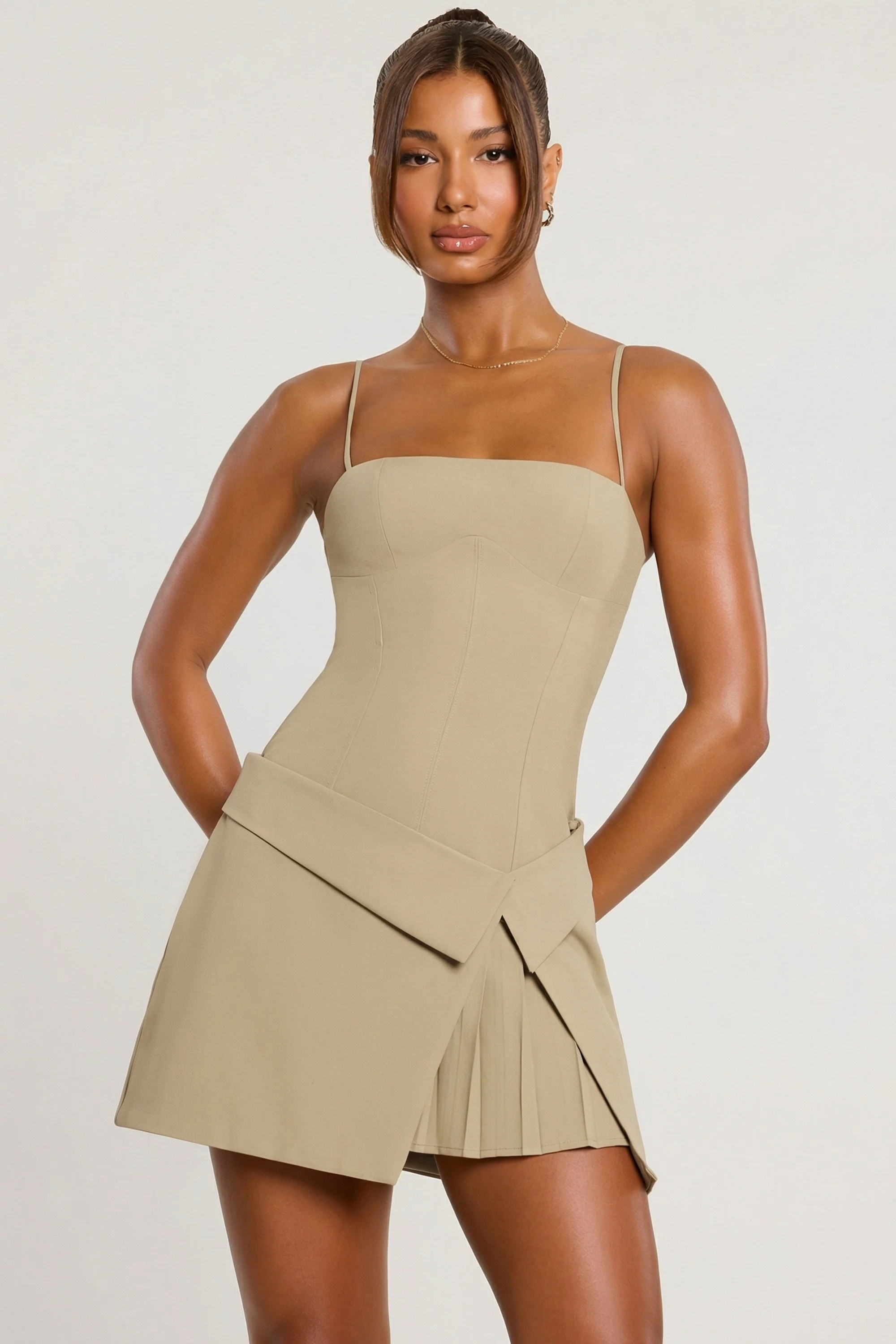 Woven Twill Wrap Over Pleated Mini Dress in Taupe - Image 5