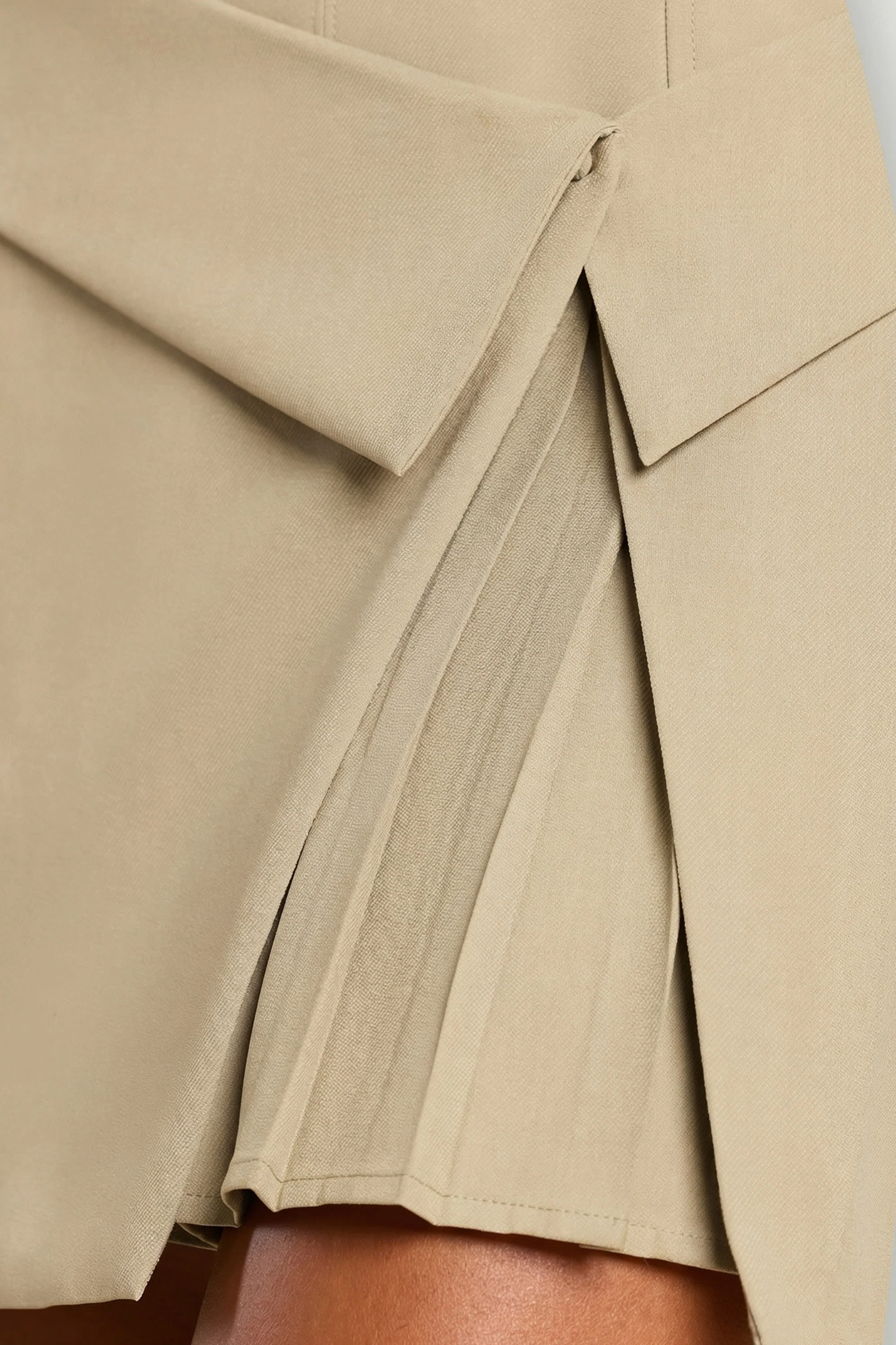 Woven Twill Wrap Over Pleated Mini Dress in Taupe - Image 7