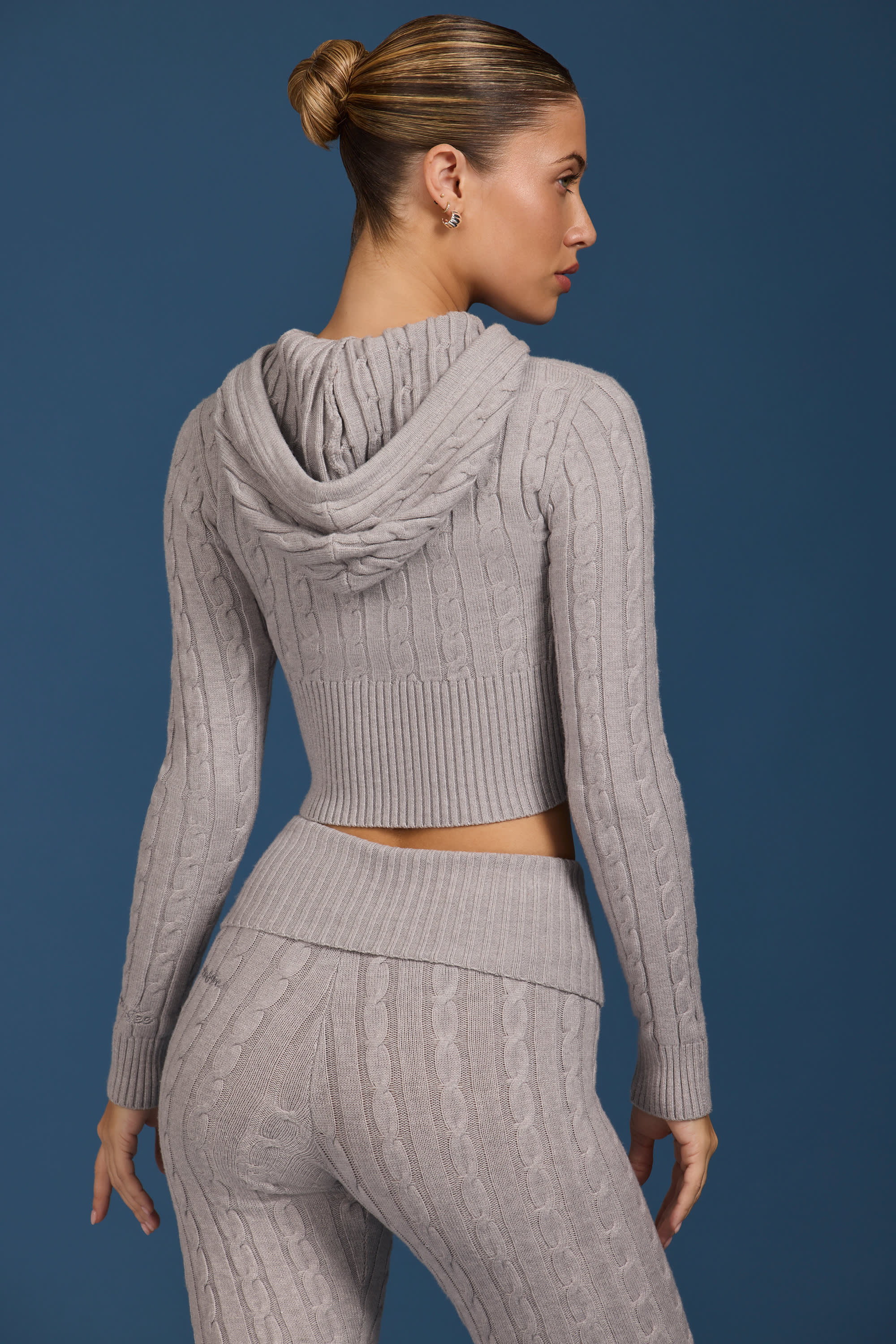 Cable Knit Zip-Up Hoodie in Grey Marl - Image 2