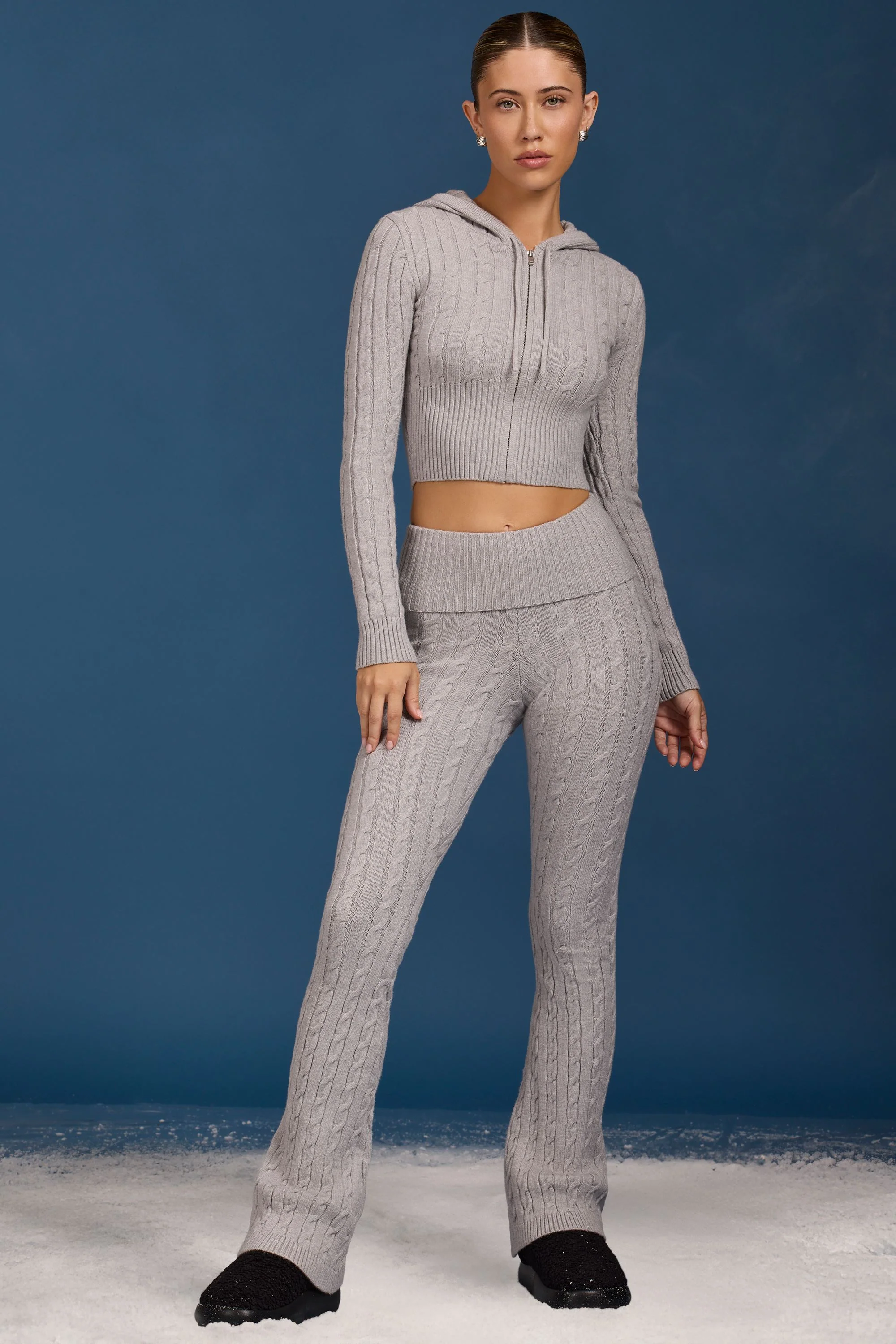 Cable Knit Zip-Up Hoodie in Grey Marl - Image 8