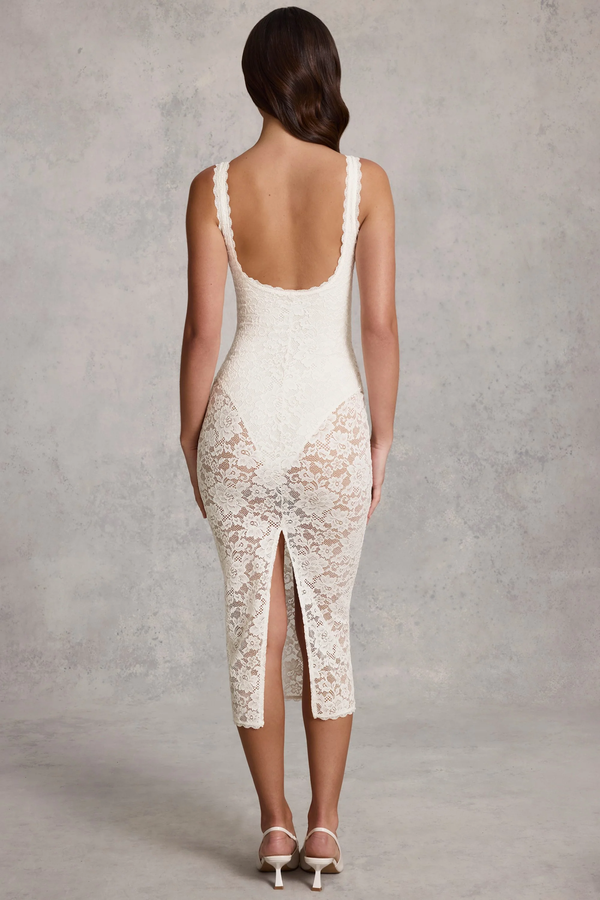 Sheer Lace Scalloped Plunge Bodysuit Midaxi Dress in White - Image 2