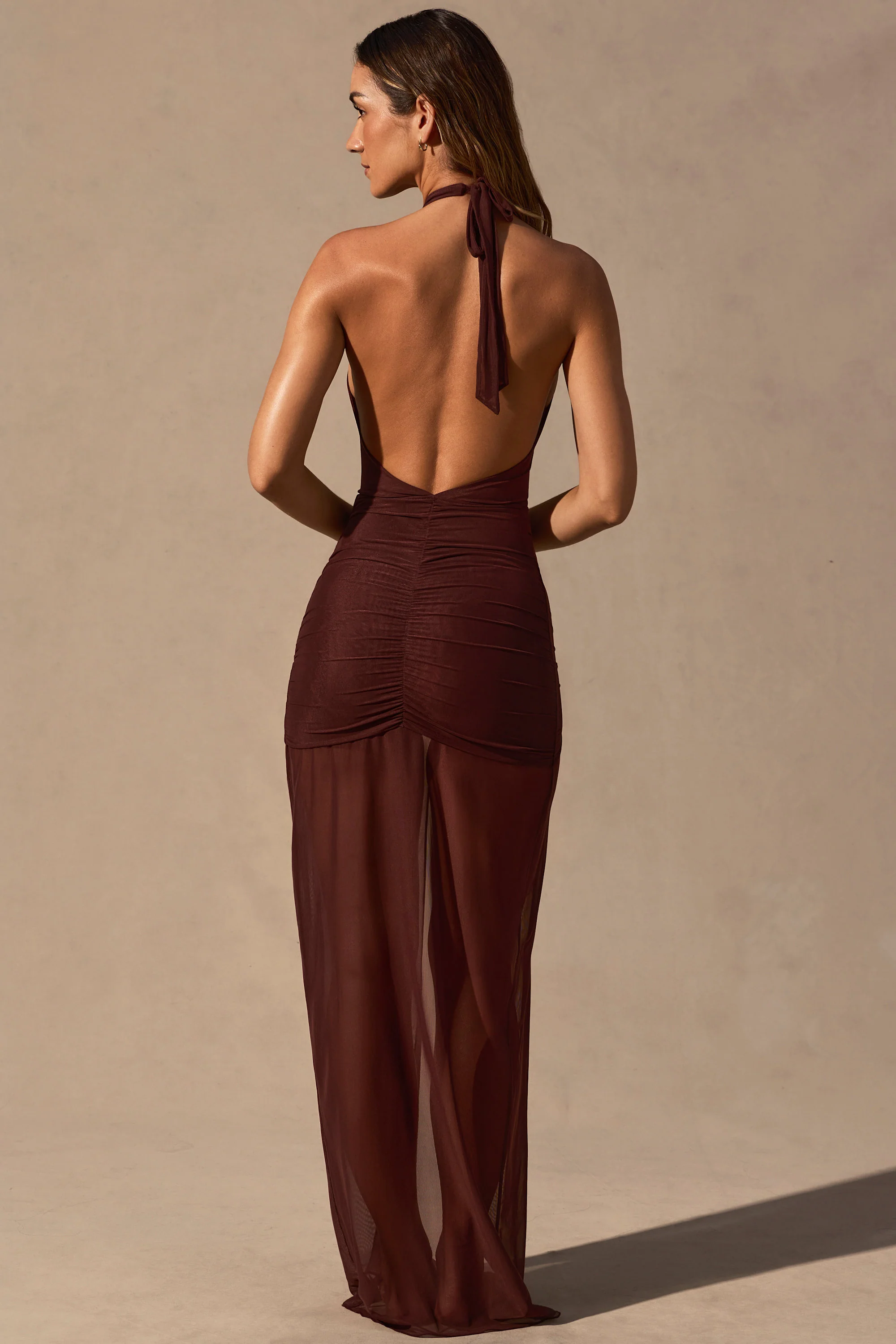 Cut-Out Halterneck Maxi Dress in Espresso Brown - Image 2