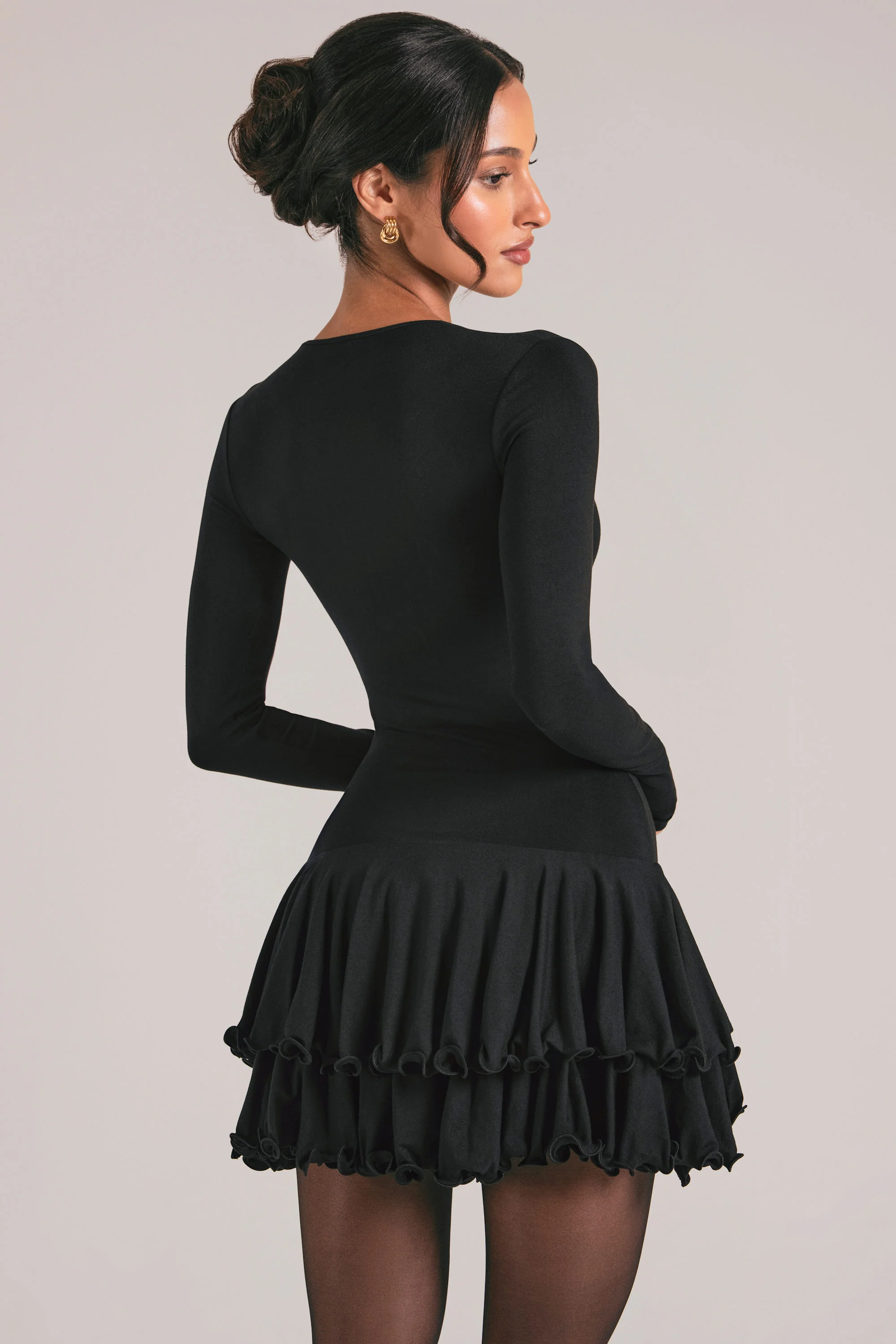 V-Neck Ruffle Skirt Mini Dress in Black - Image 2