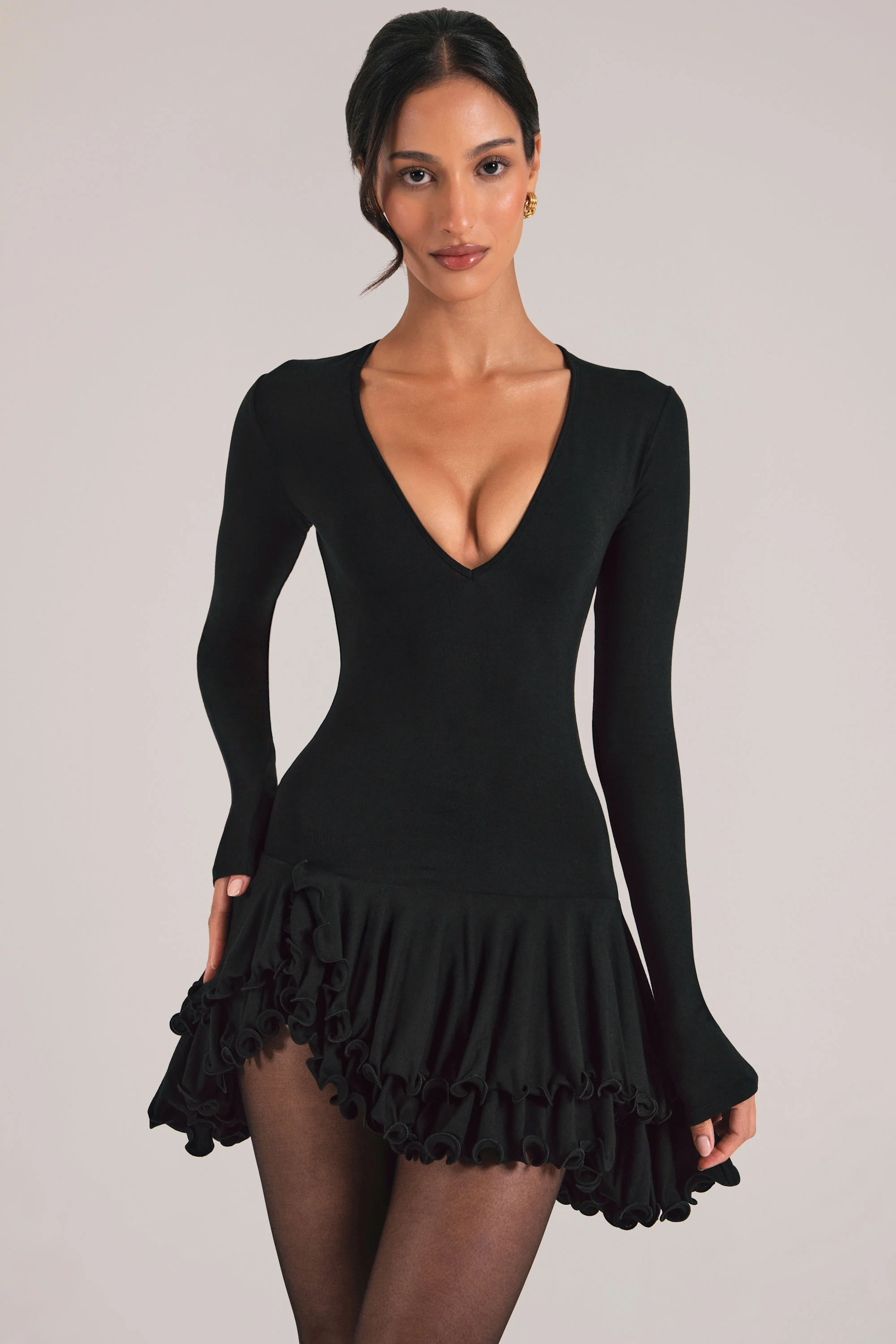 V-Neck Ruffle Skirt Mini Dress in Black - Image 8