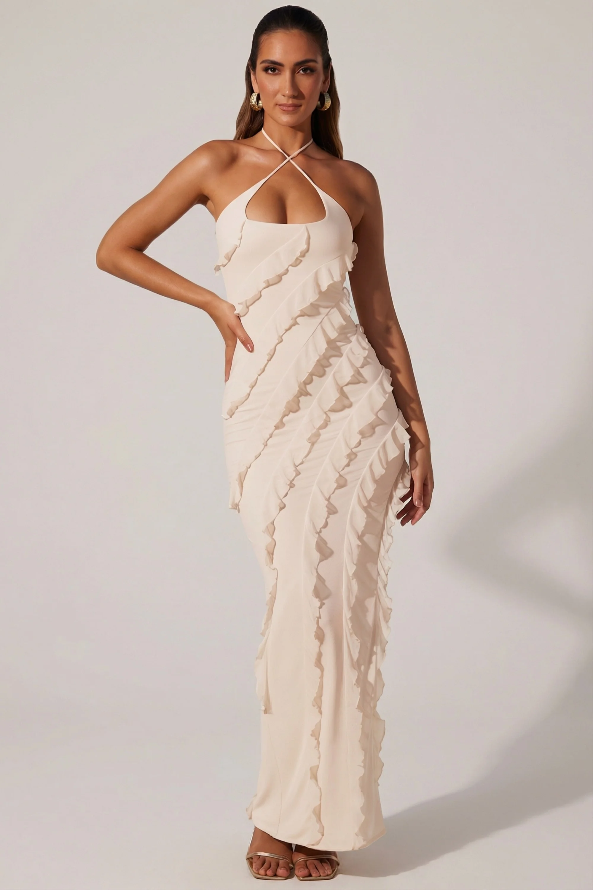 Cross Strap Ruffle Floor Length Dress in Ivory - Image 4