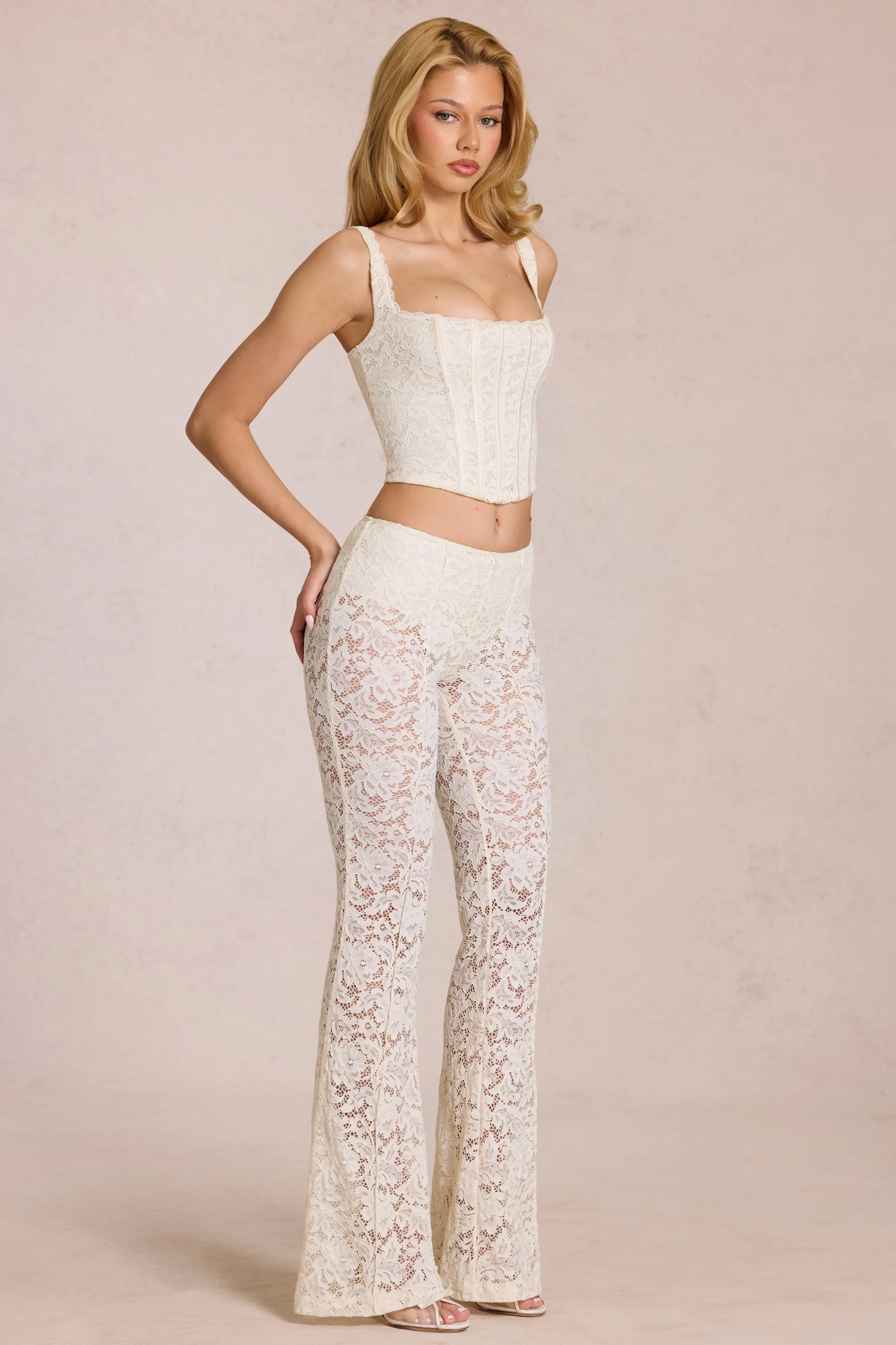 Sheer Lace Mid-Rise Flared Trousers in Pearl - Image 7