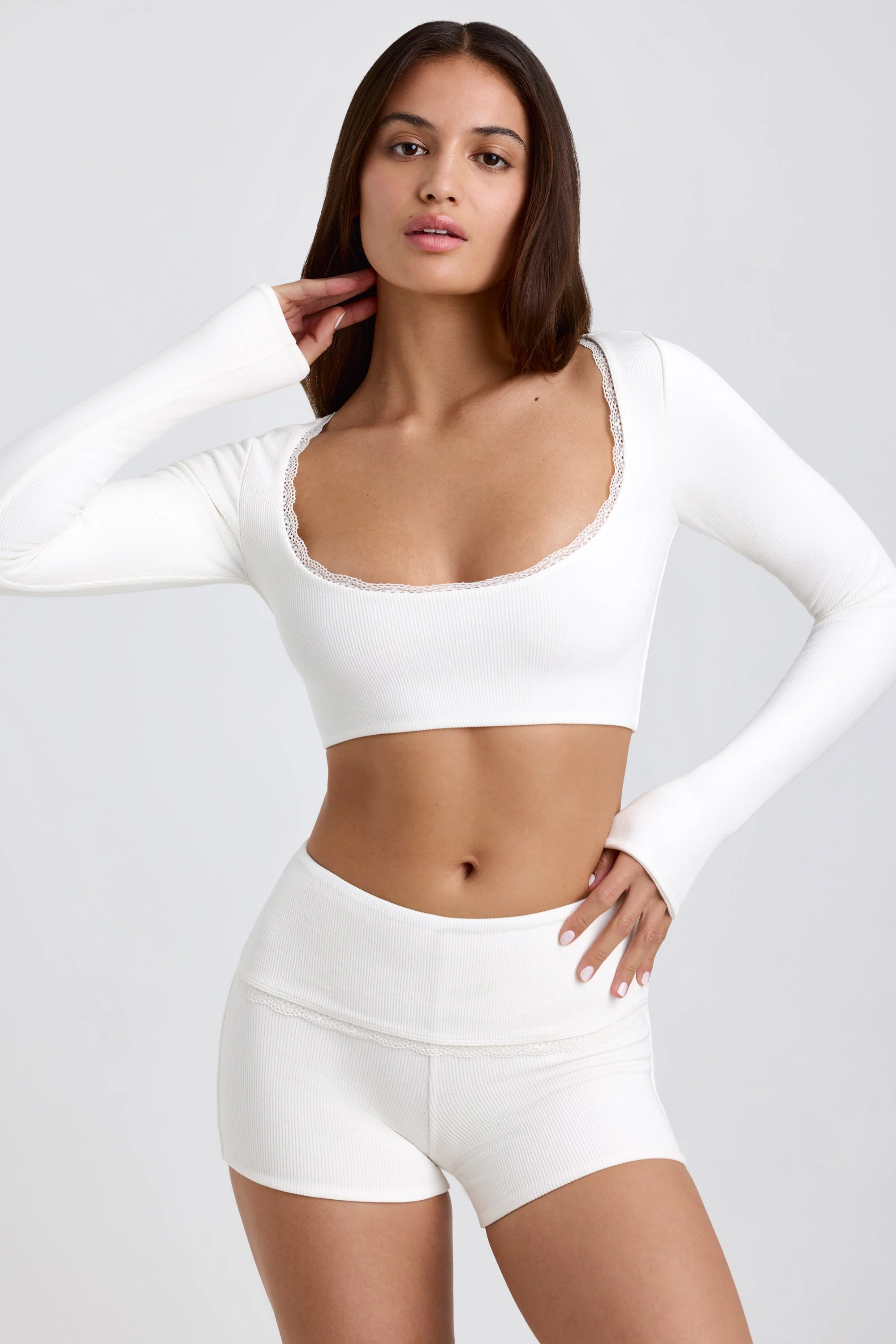 Ribbed Modal Lace-Trim Crop Top in White - Image 6
