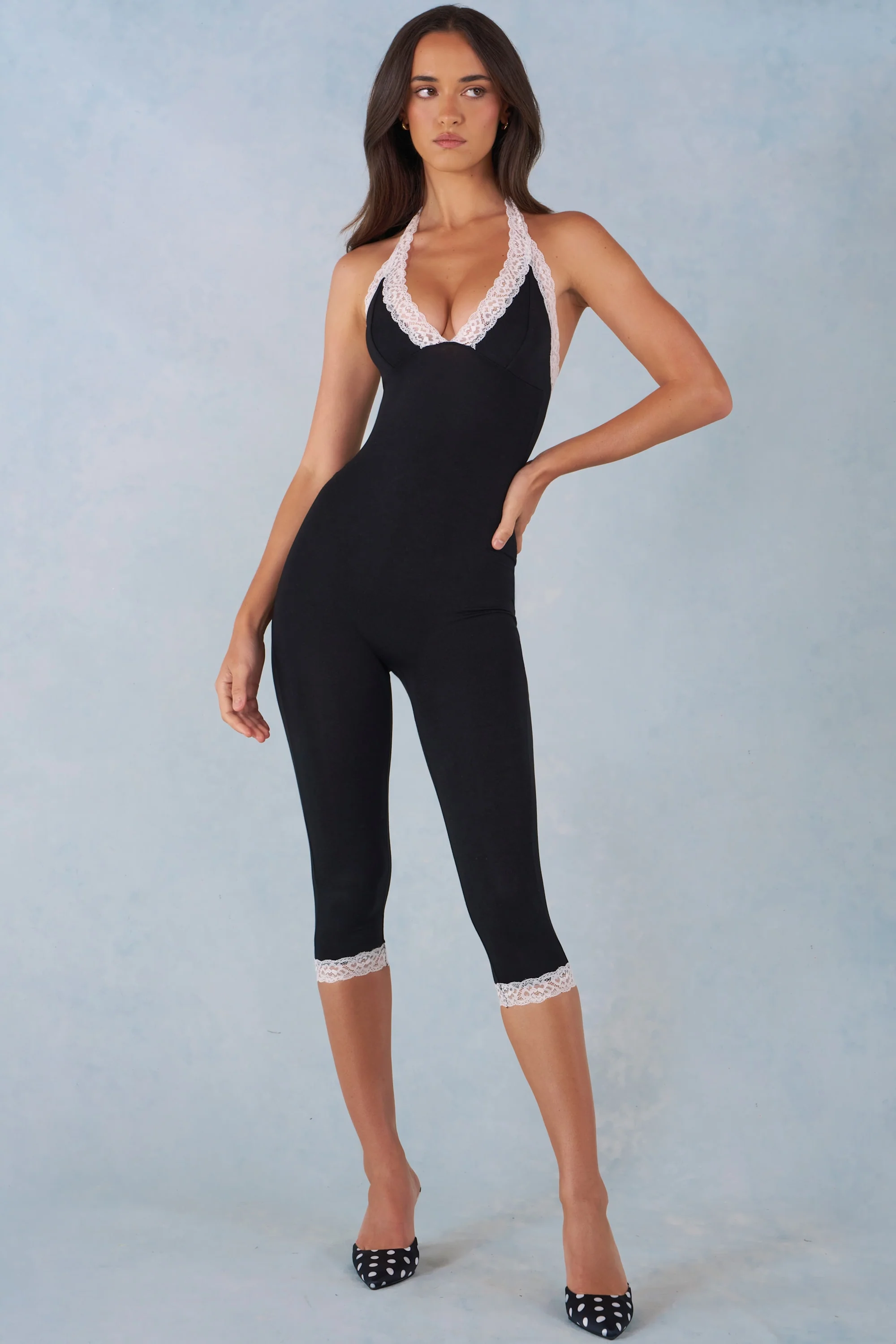 Modal Lace-Trim Capri Jumpsuit in Black - Image 8
