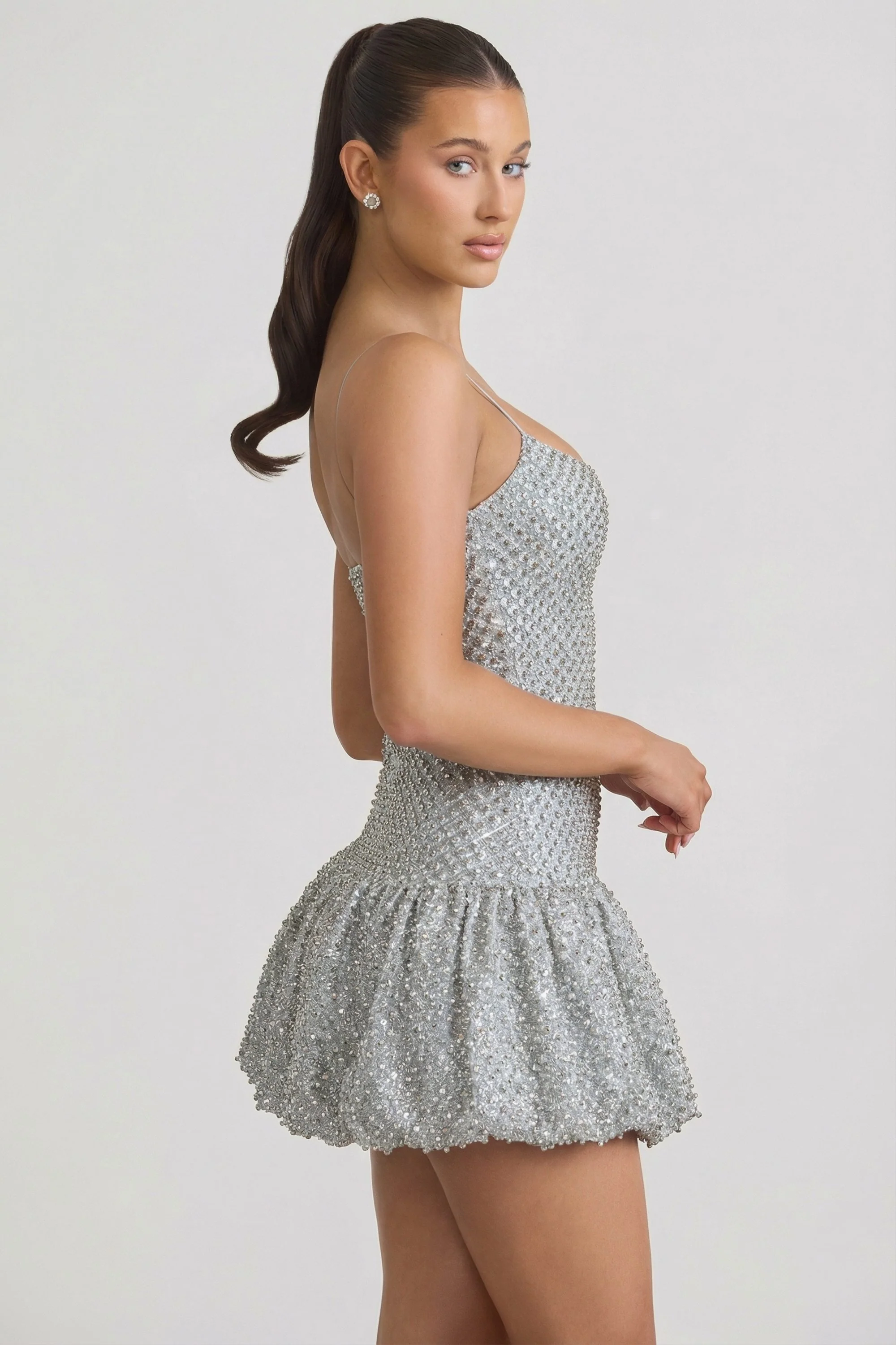 Embellished Bubble Hem Mini Dress in Silver - Image 5