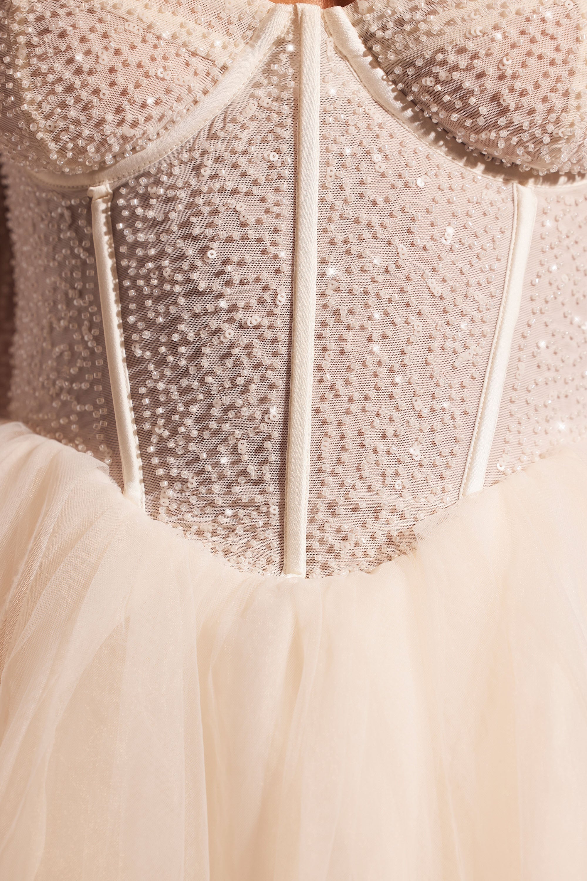 Embellished Long Sleeve Tulle Skirt Mini Dress in Ivory - Image 5