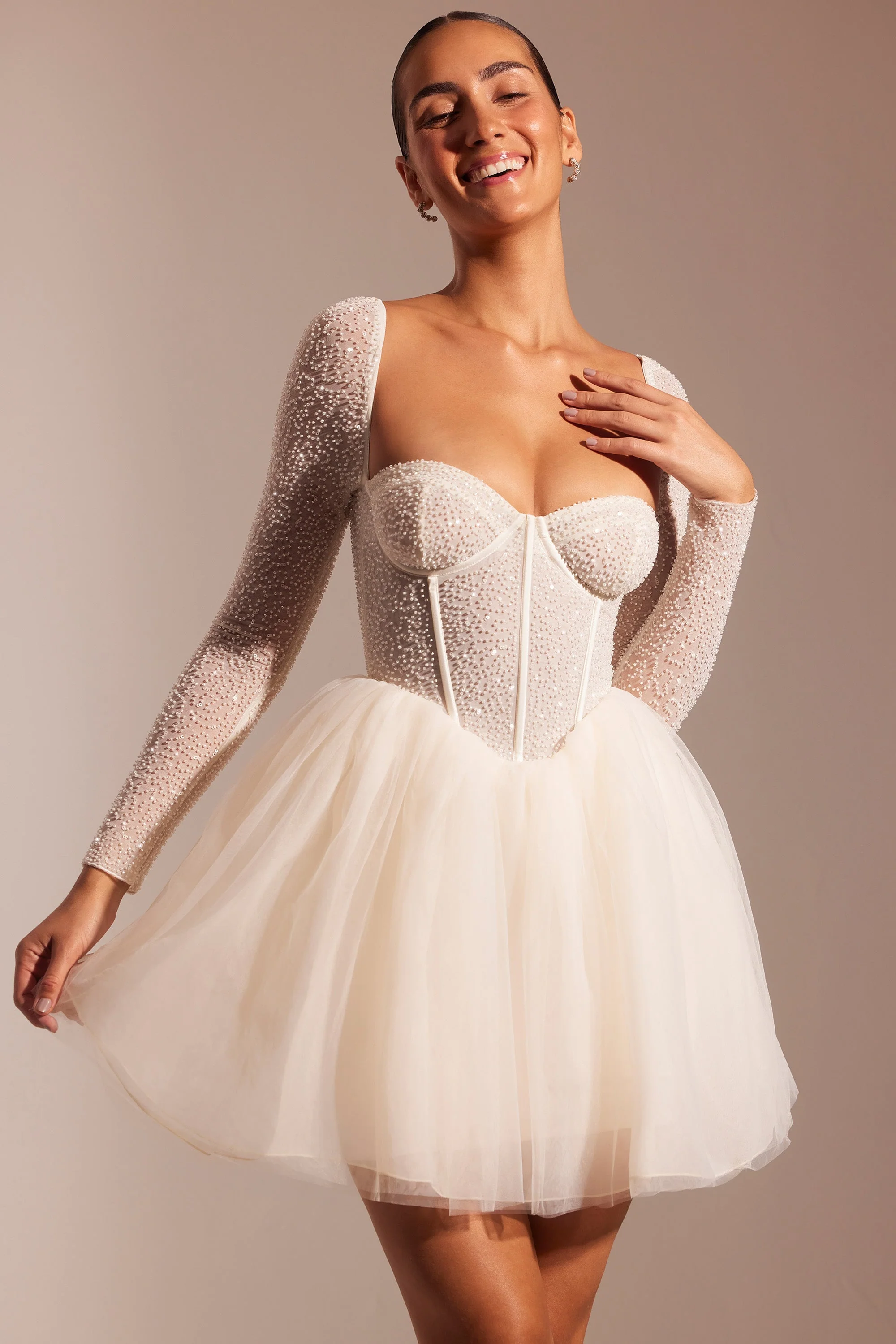 Embellished Long Sleeve Tulle Skirt Mini Dress in Ivory - Image 6