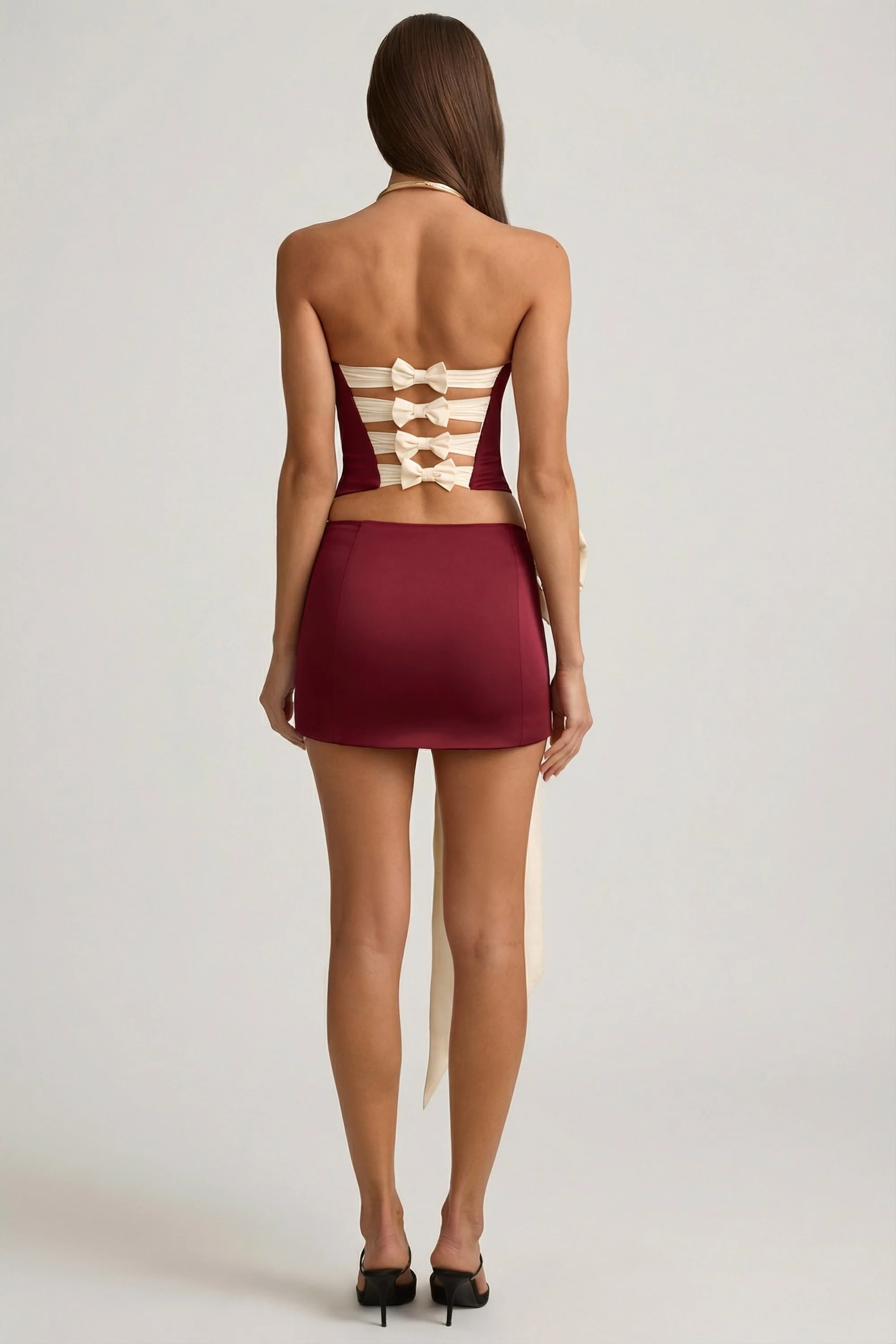 Satin Bow-Detail Low-Rise Mini Skirt in Wine Red - Image 2