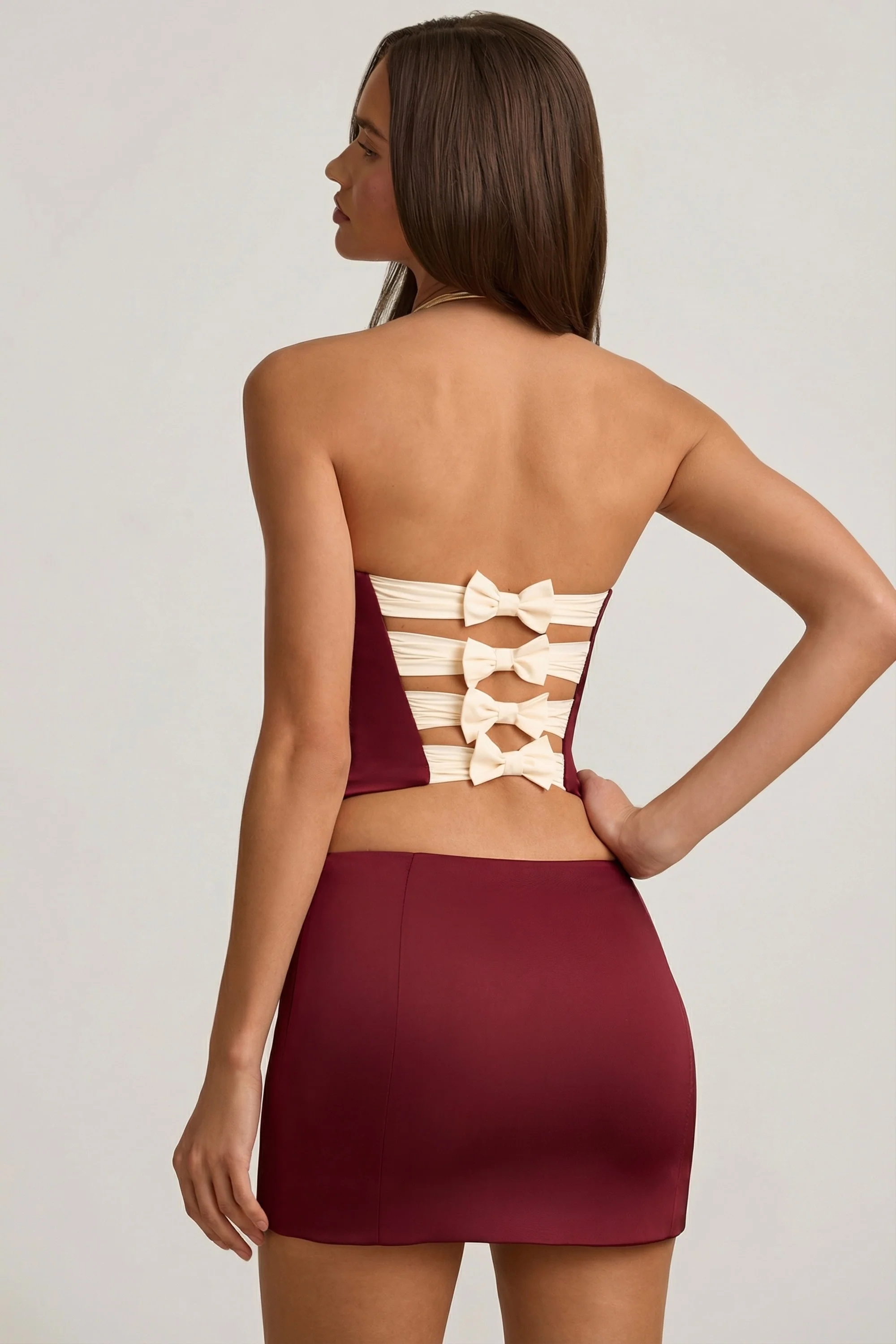 Satin Bow-Detail Low-Rise Mini Skirt in Wine Red - Image 4
