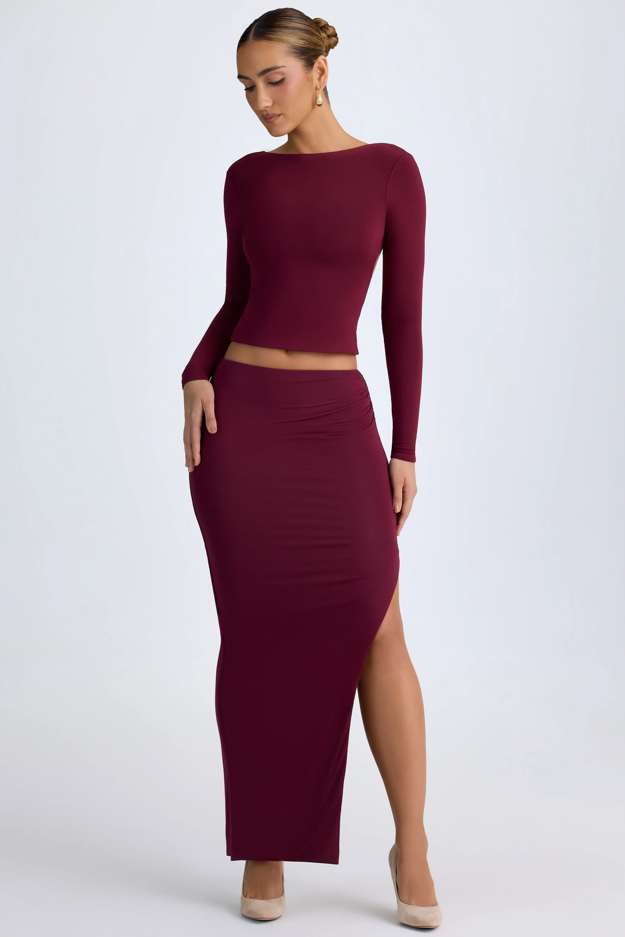 Modal Low-Rise Maxi Skirt in Wine Red - Image 4
