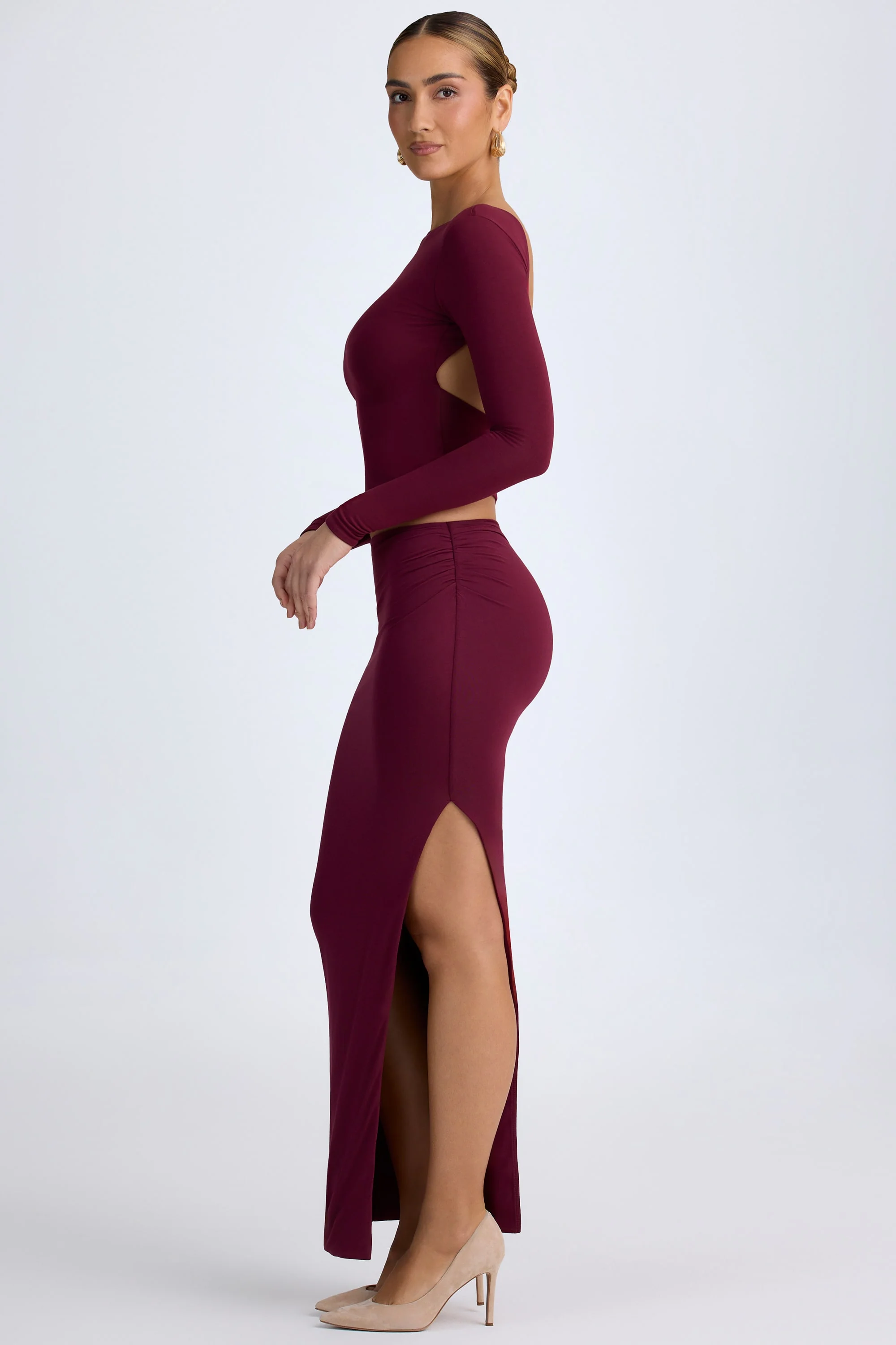 Modal Low-Rise Maxi Skirt in Wine Red - Image 5