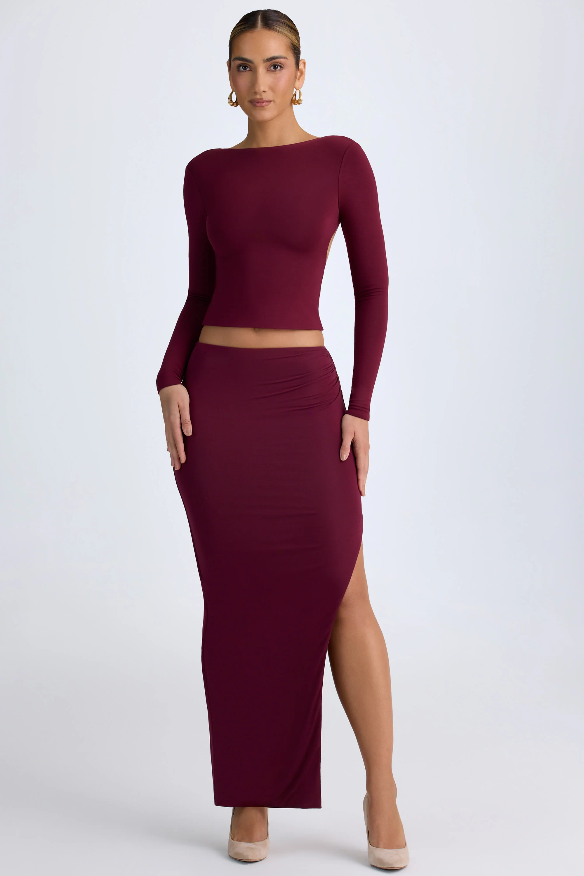 Modal Low-Rise Maxi Skirt in Wine Red - Image 6