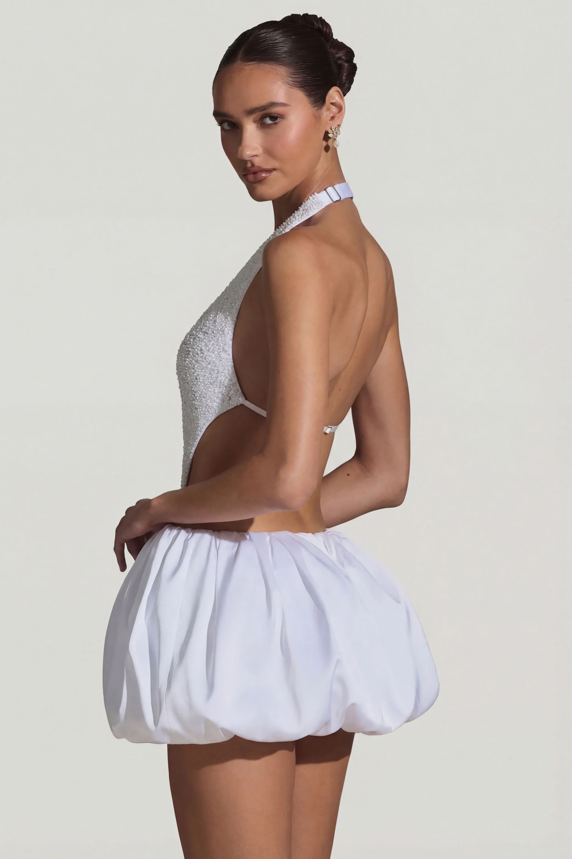 Embellished Cut-Out Bubble Hem Mini Dress in White - Image 2