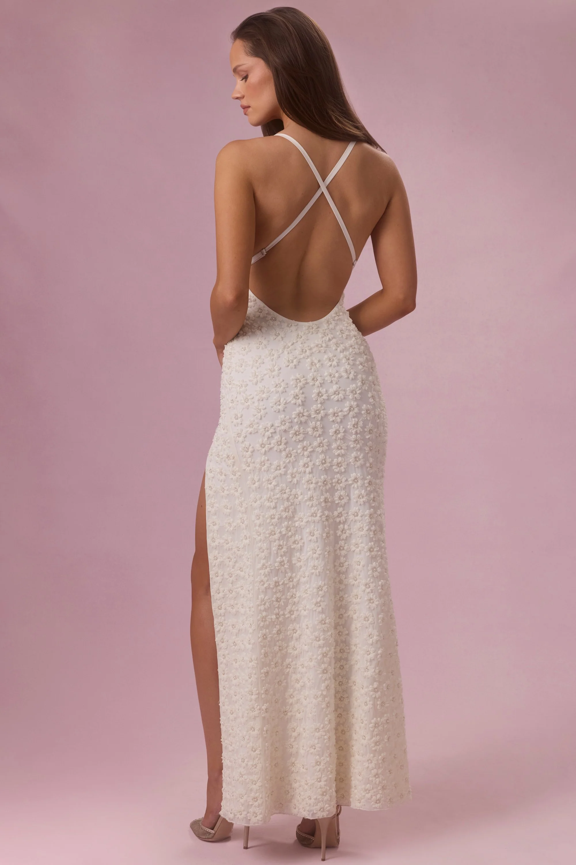 Embellished Square Neck Maxi Dress in Pearl - Image 2
