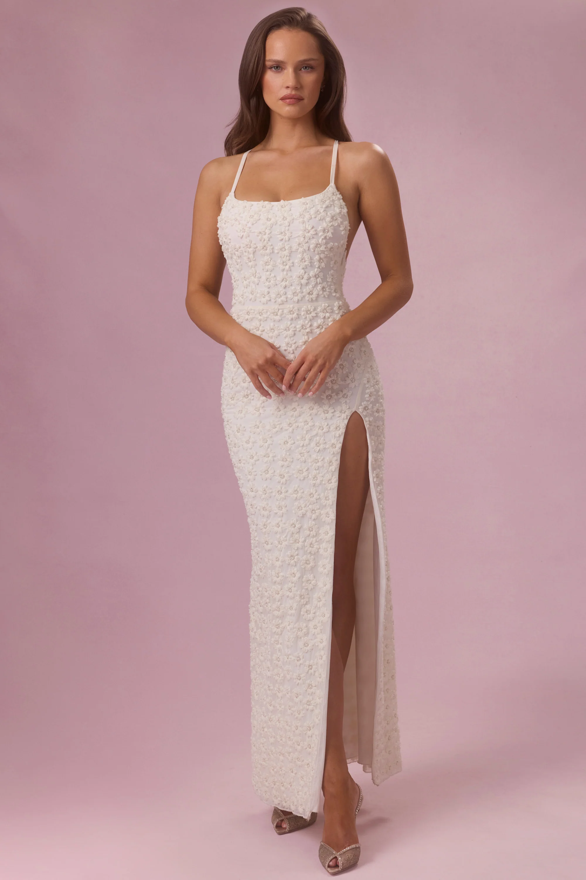 Embellished Square Neck Maxi Dress in Pearl - Image 5