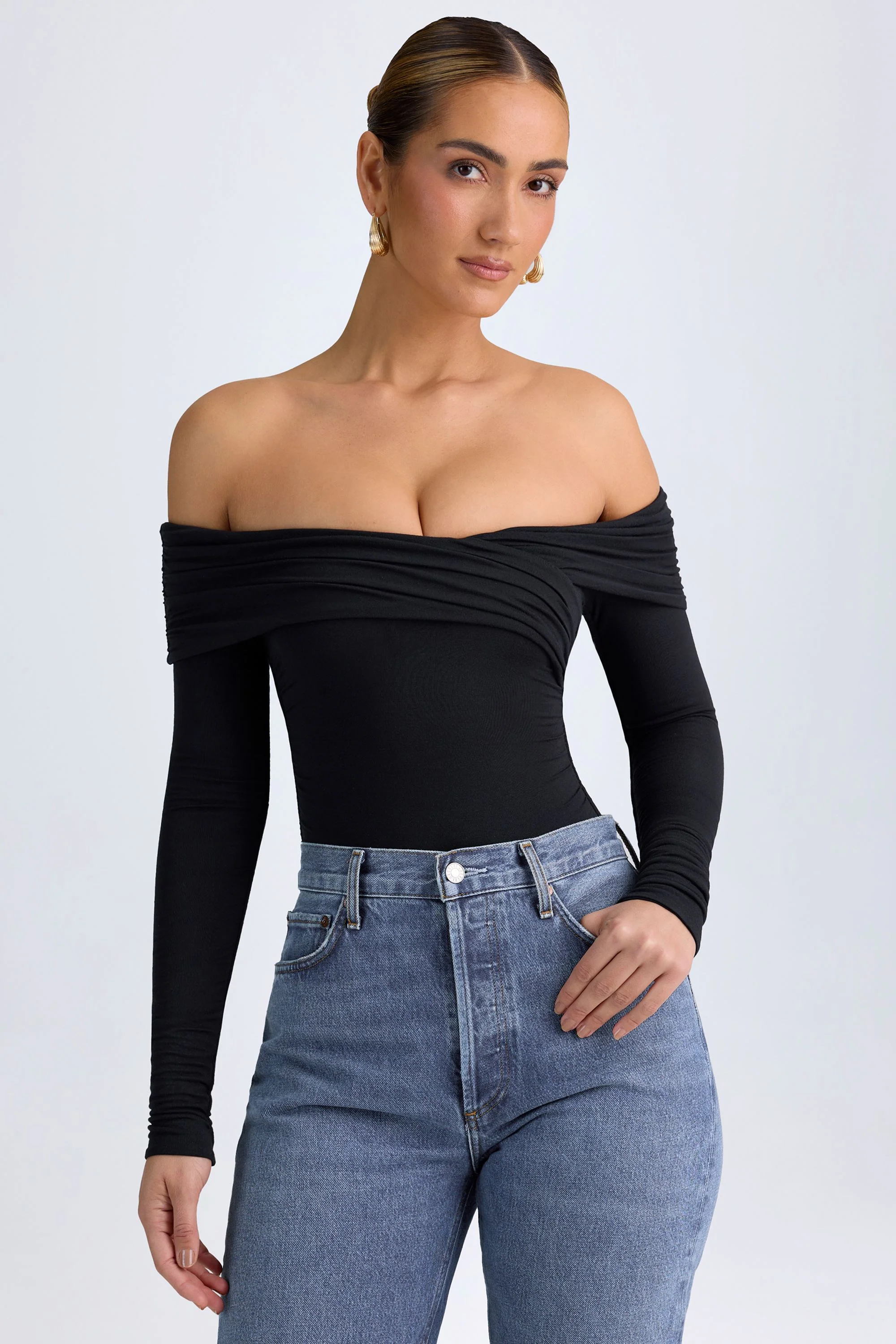 Modal Off-Shoulder Ruched Bodysuit in Black