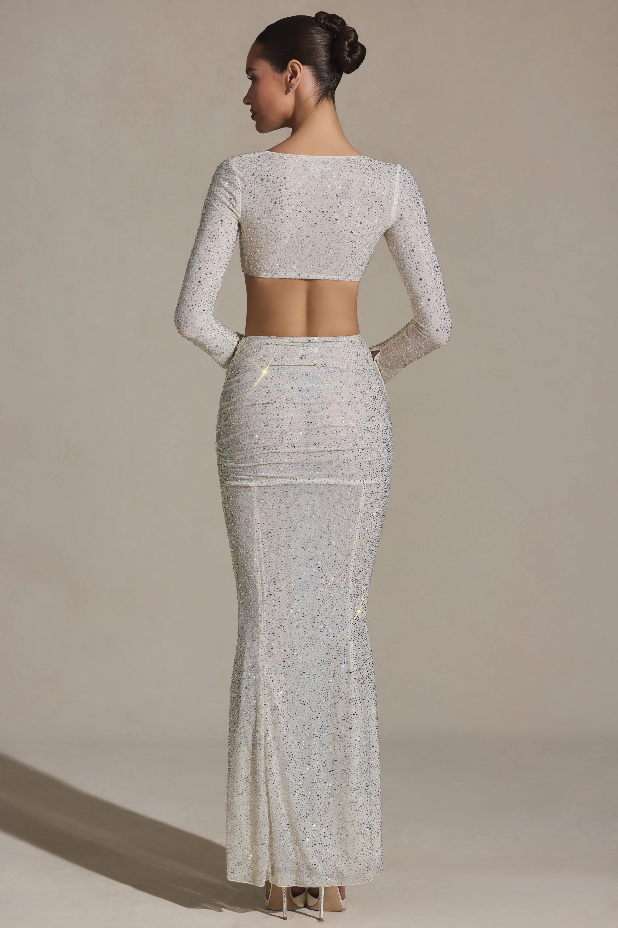 Embellished Ruched Maxi Skirt in White - Image 3