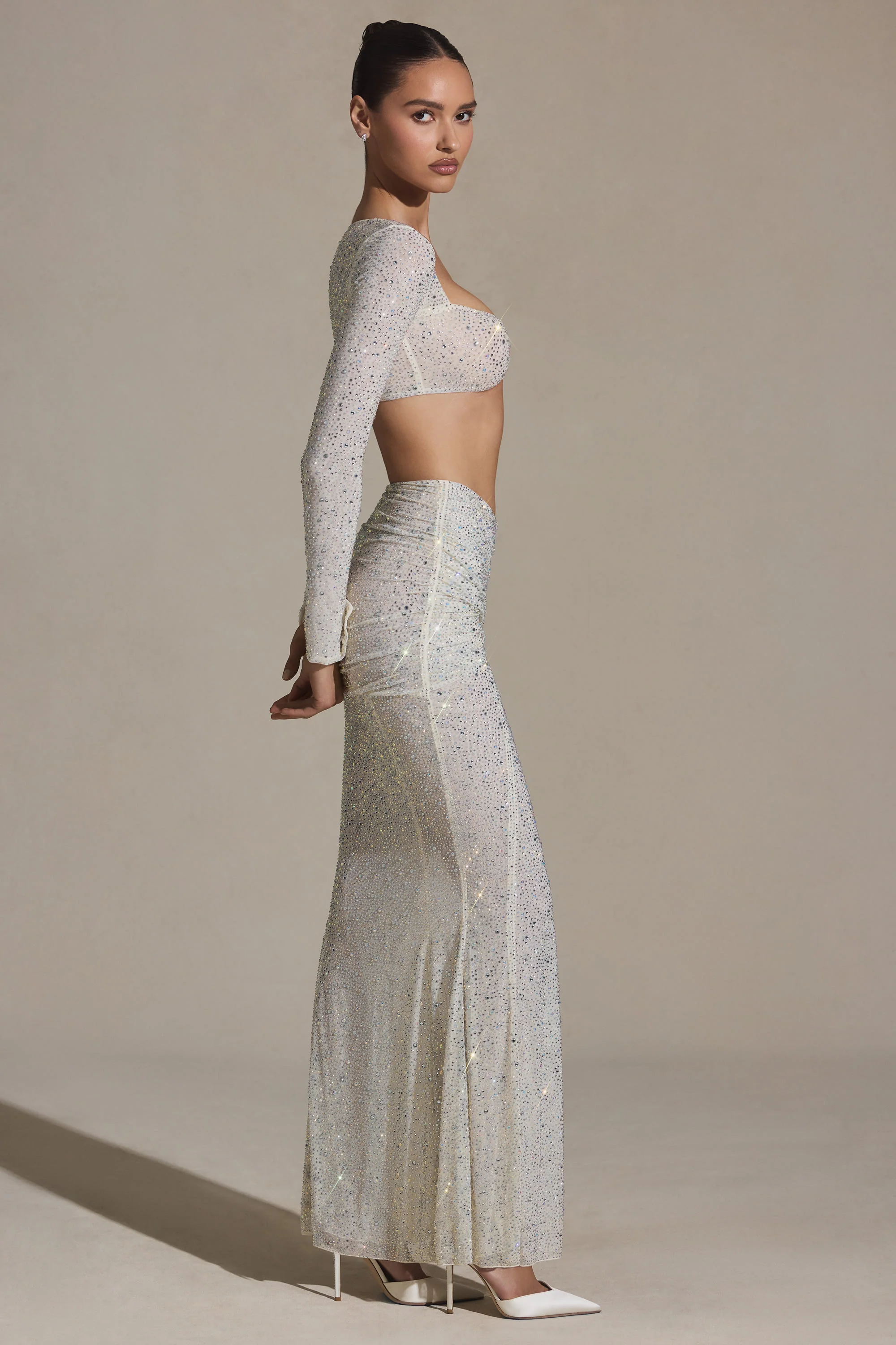 Embellished Ruched Maxi Skirt in White - Image 8