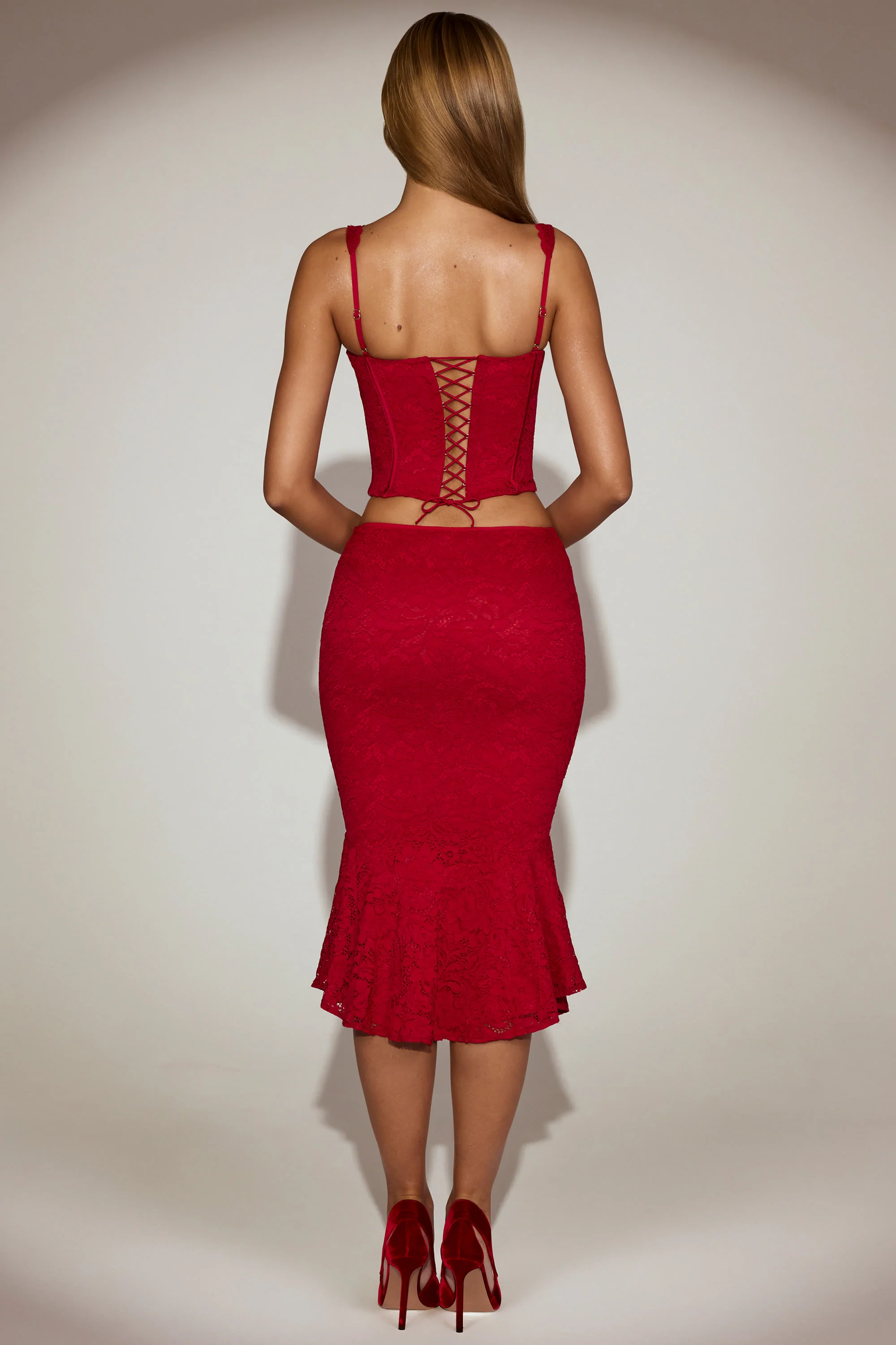 Lace Mid-Rise Fluted Midi Skirt in True Red - Image 2