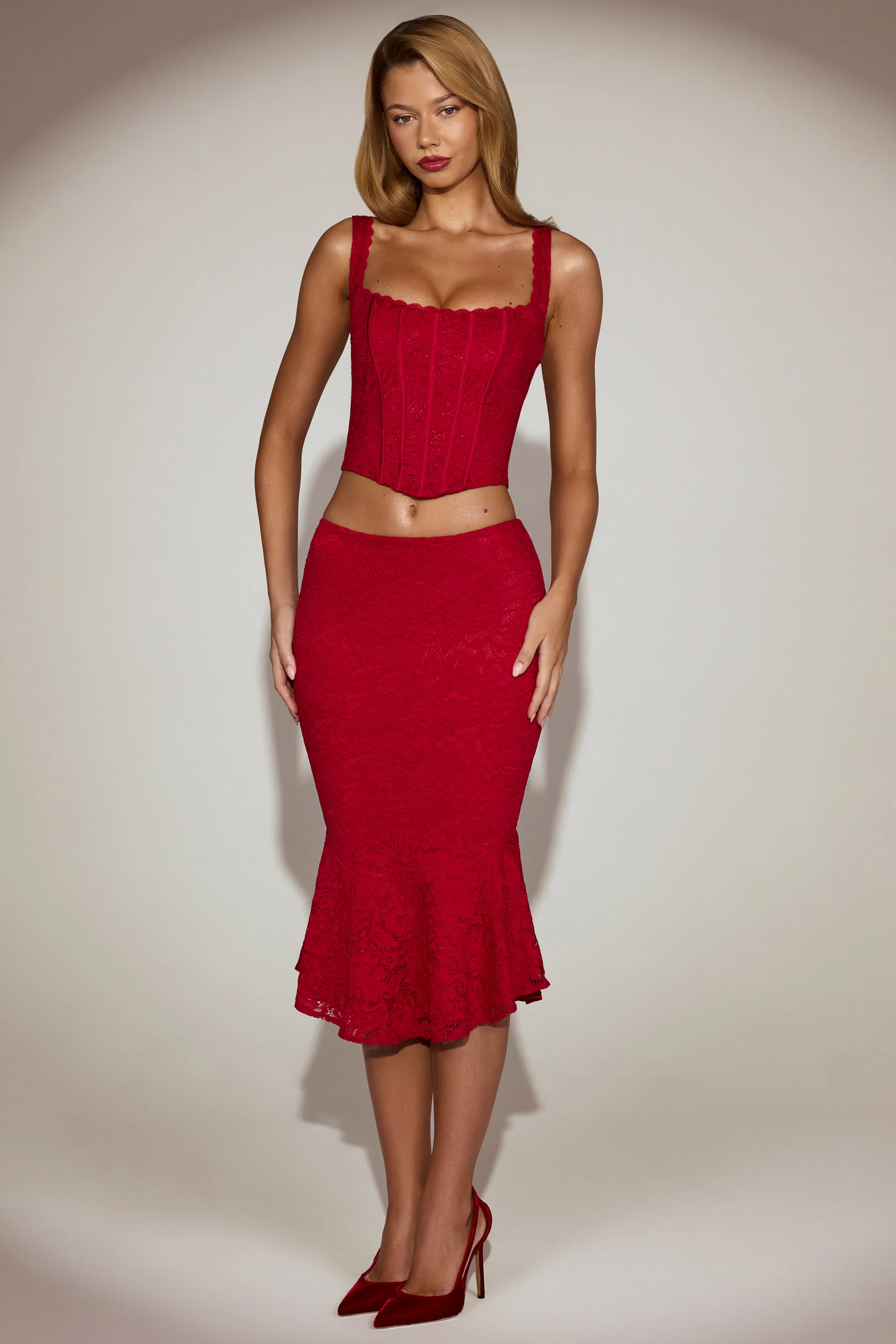 Lace Mid-Rise Fluted Midi Skirt in True Red - Image 7
