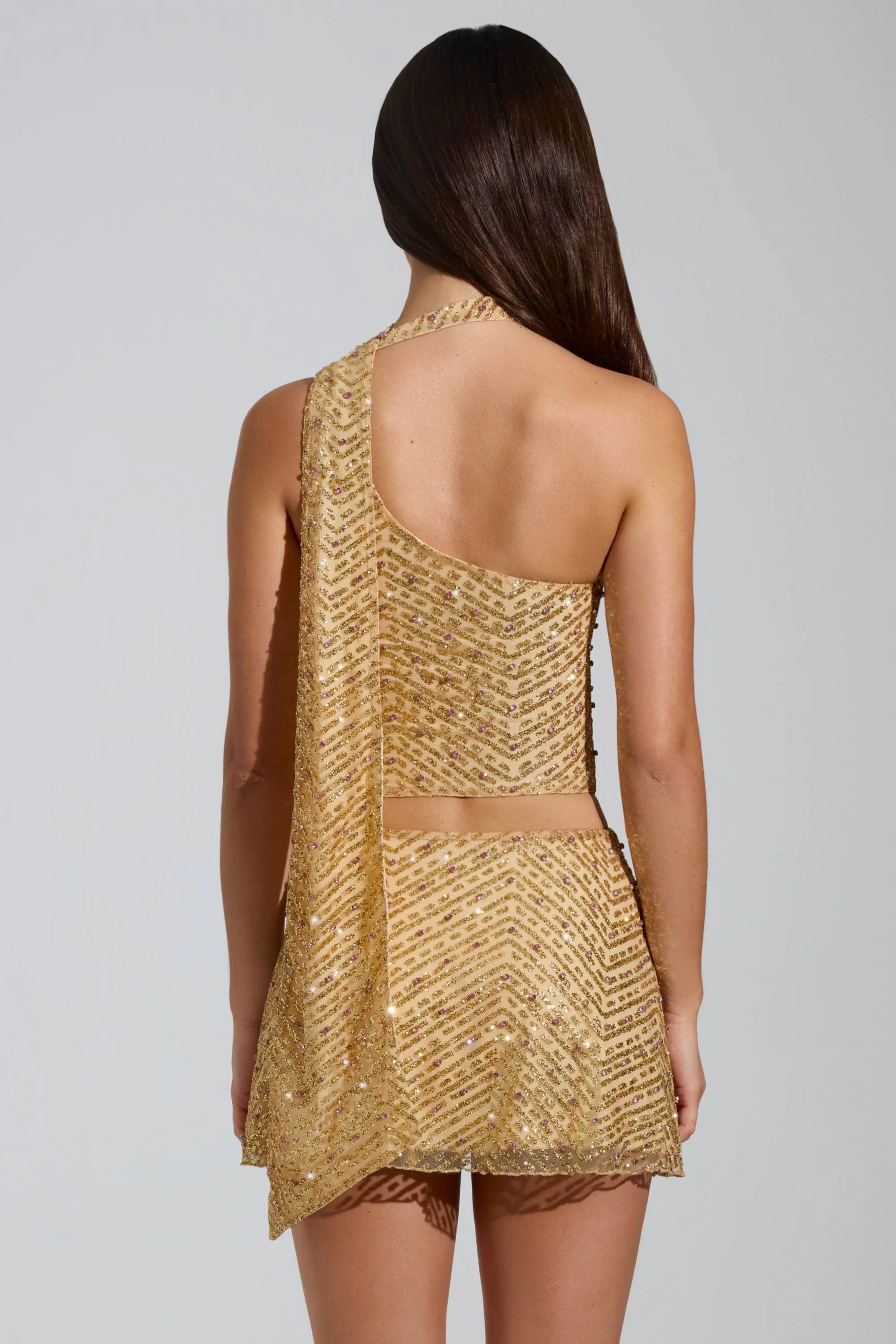 Embellished Asymmetric Scarf-Detail Top in Gold - Image 2