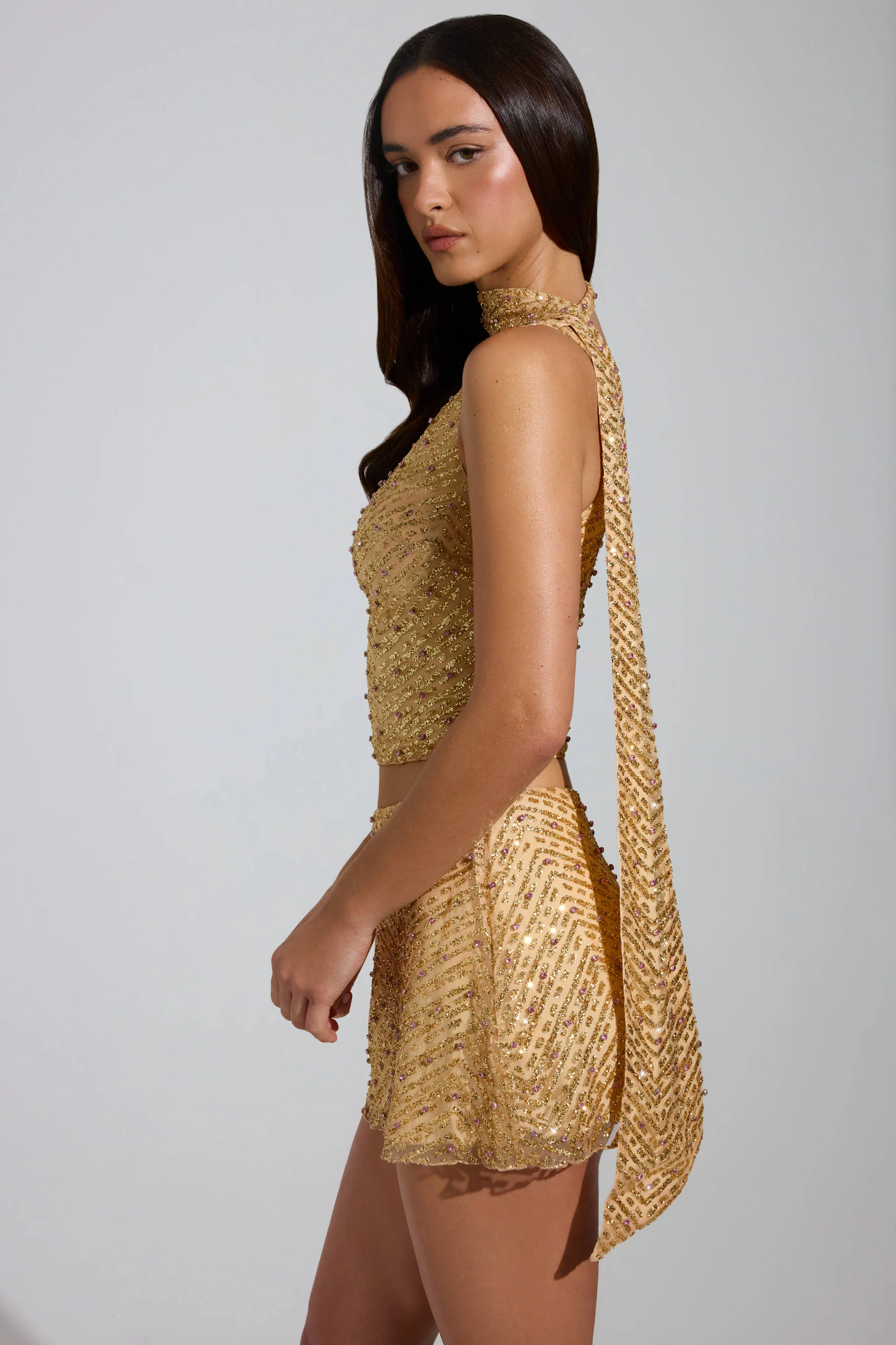 Embellished Asymmetric Scarf-Detail Top in Gold - Image 3