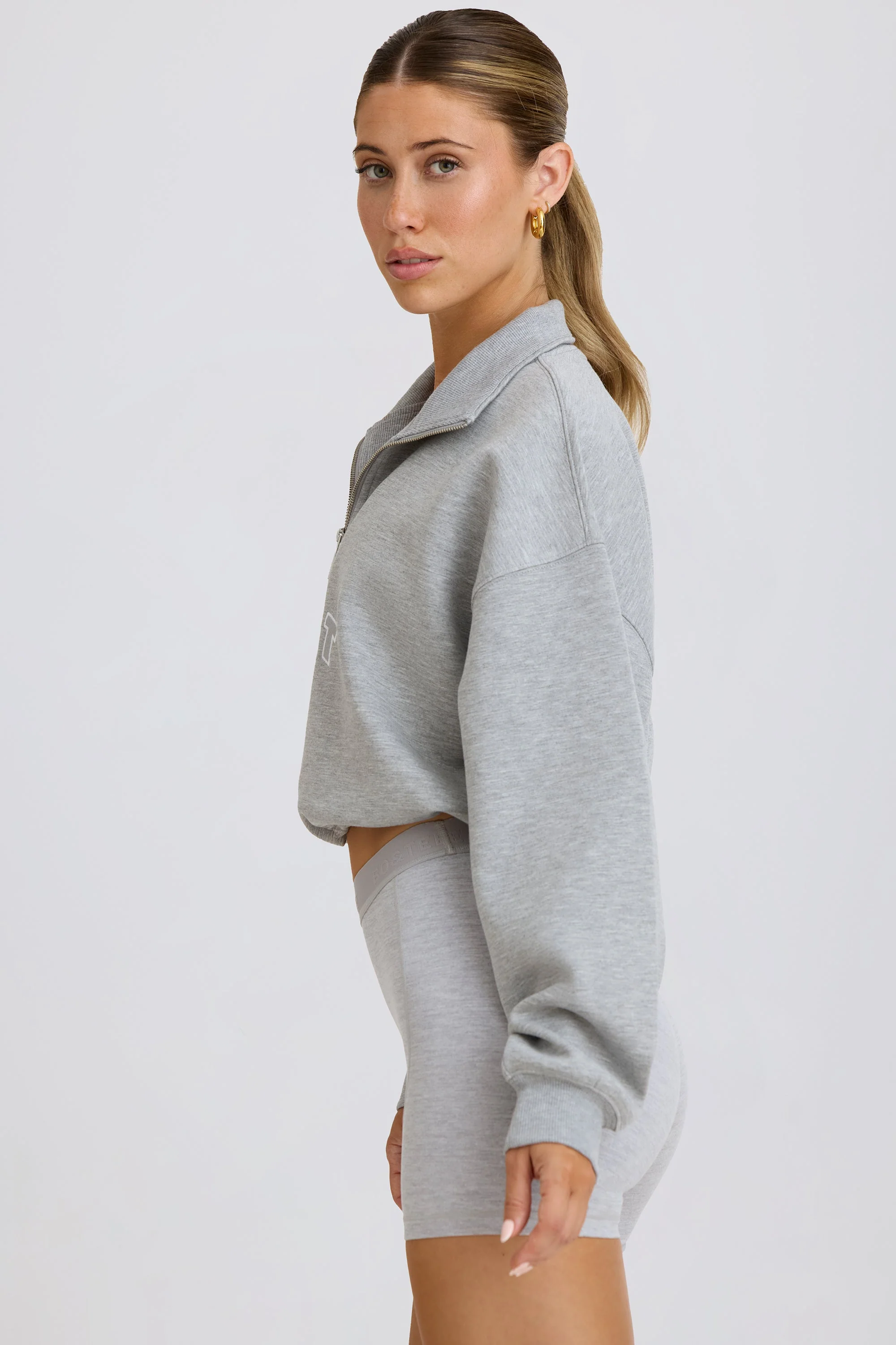 Quarter-Zip Cropped Sweatshirt in Grey Marl - Image 3