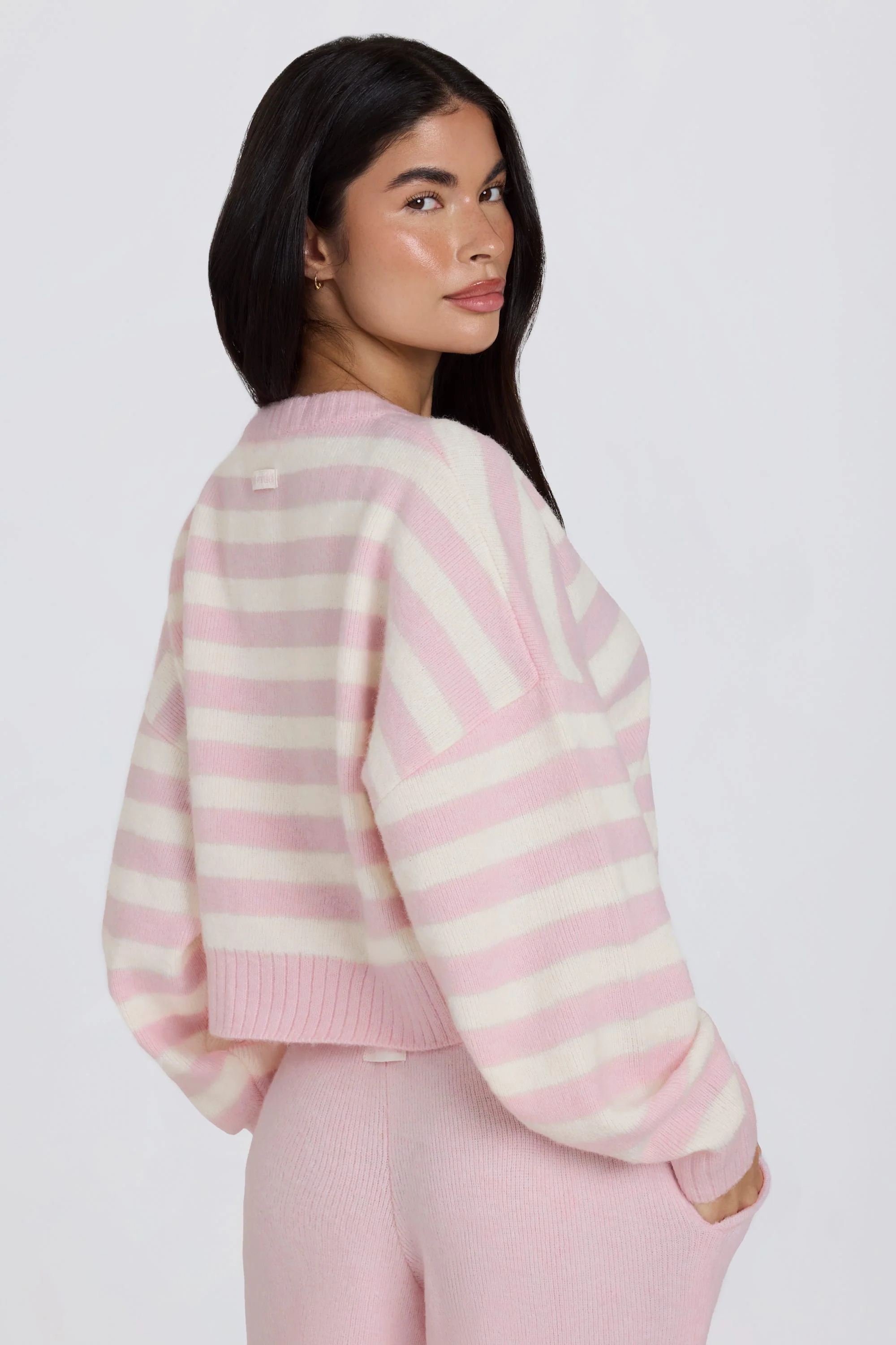 Soft Knit Stripe Cropped Cardigan in Pink Stripe - Image 2