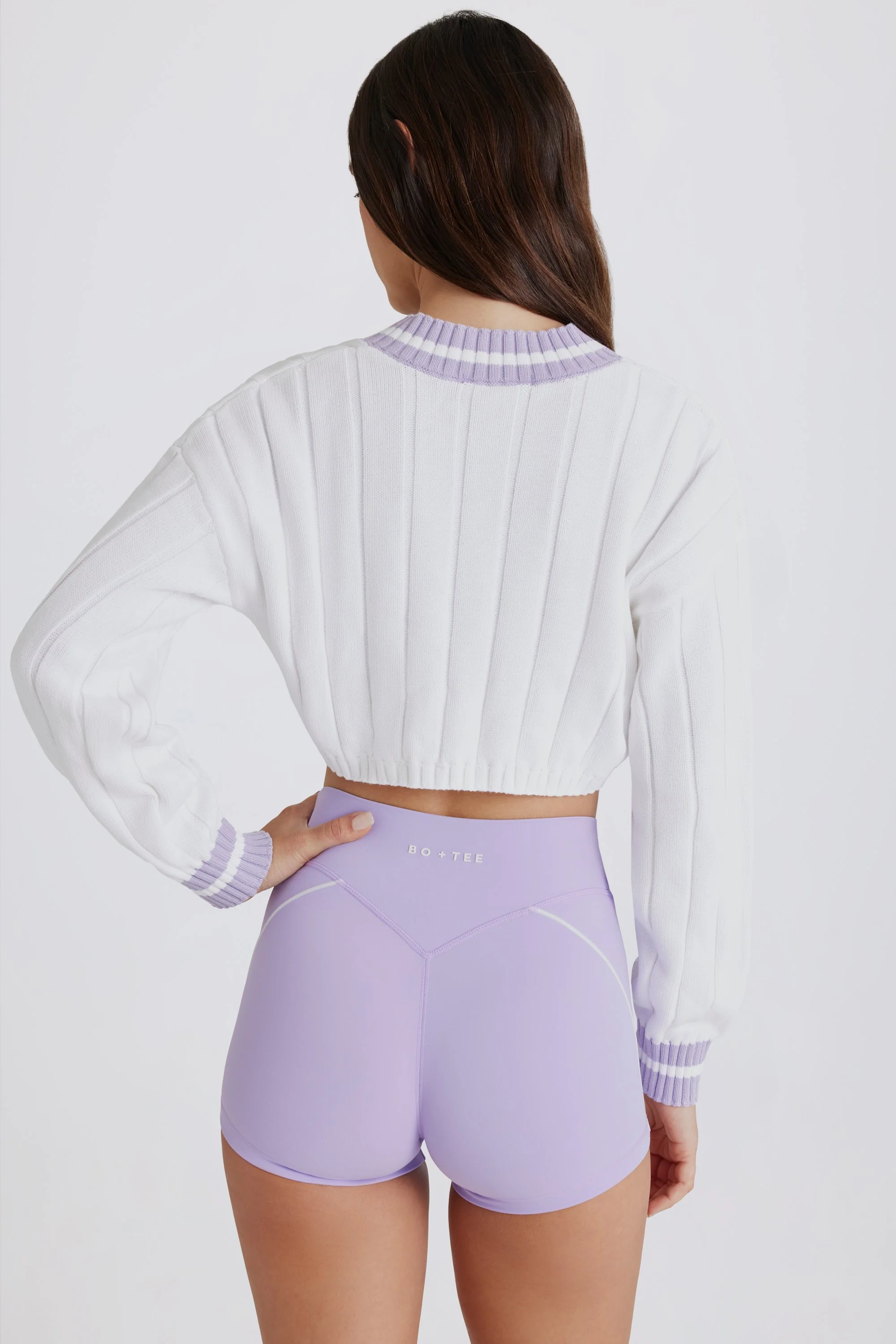 Cable Knit Cotton Cropped Jumper in Lilac Ivory - Image 2
