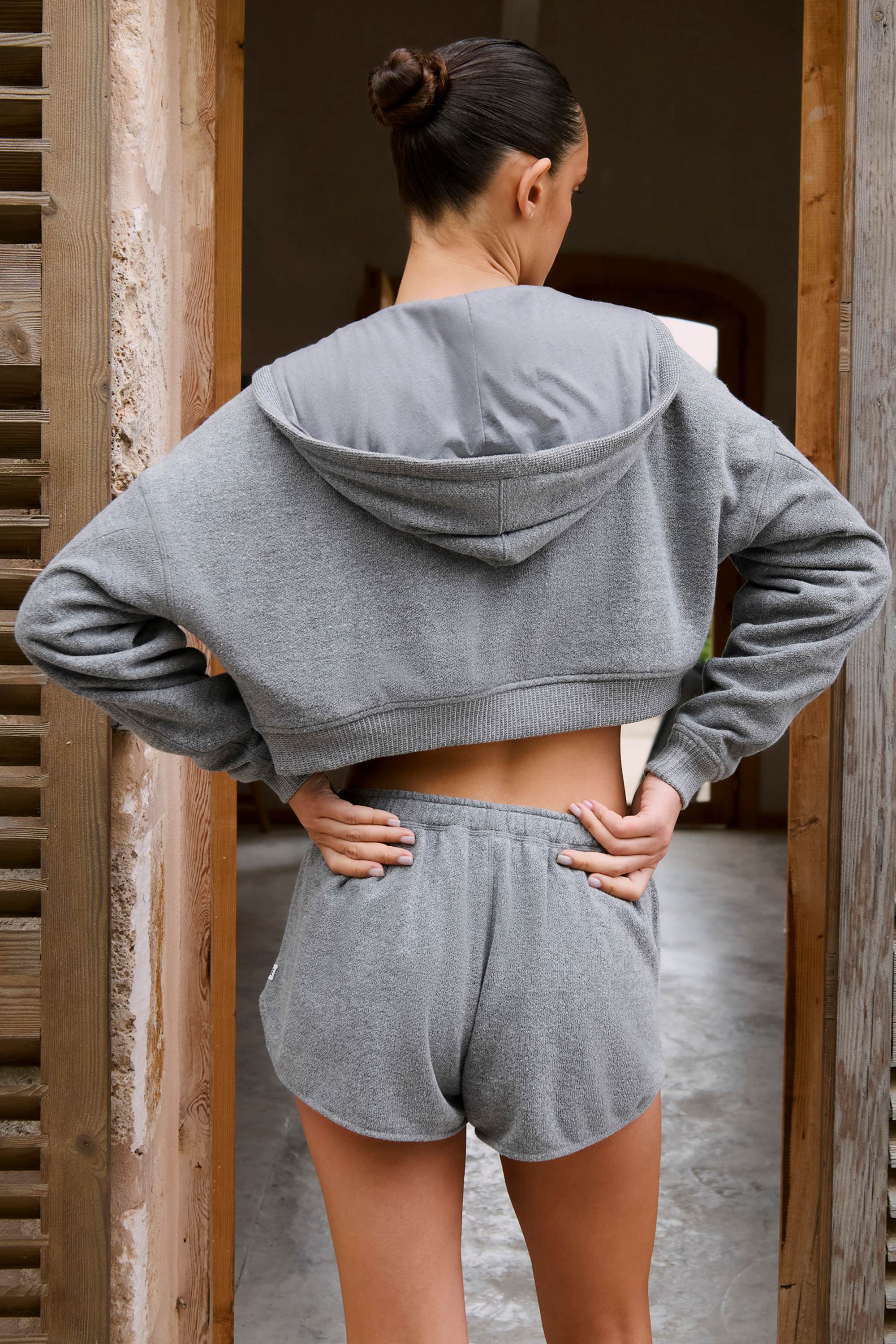 Terry Cotton Zip-Up Cropped Hoodie in Dark Grey - Image 3