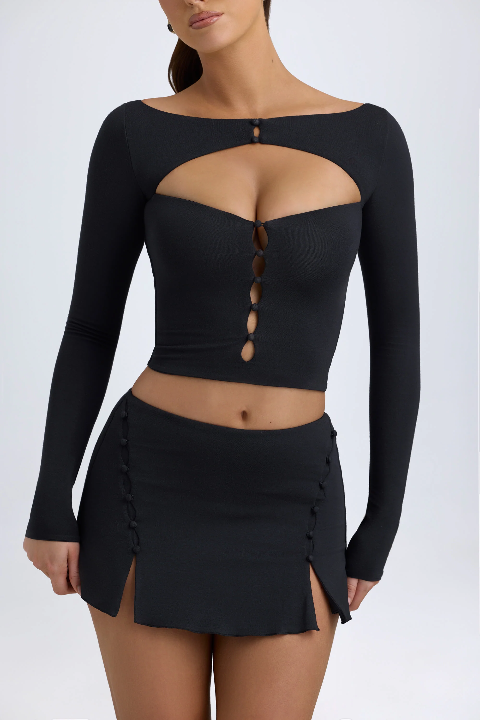 Modal Button-Detail Low-Rise Mini Skirt in Black - Image 4
