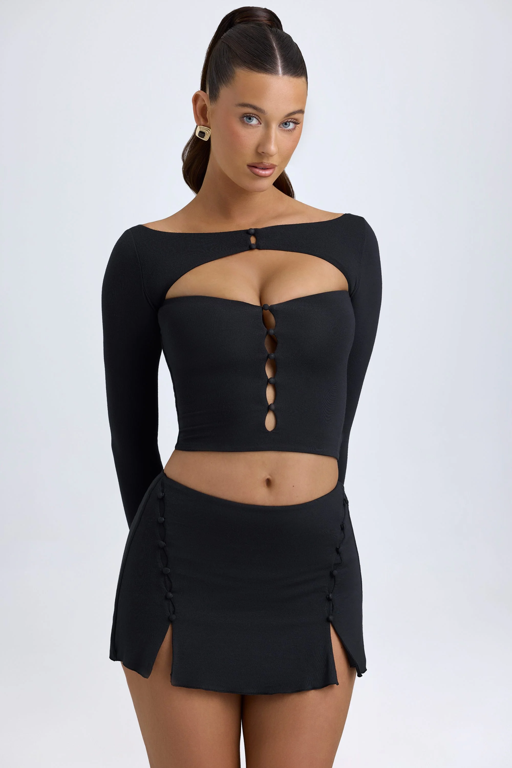 Modal Button-Detail Low-Rise Mini Skirt in Black - Image 6