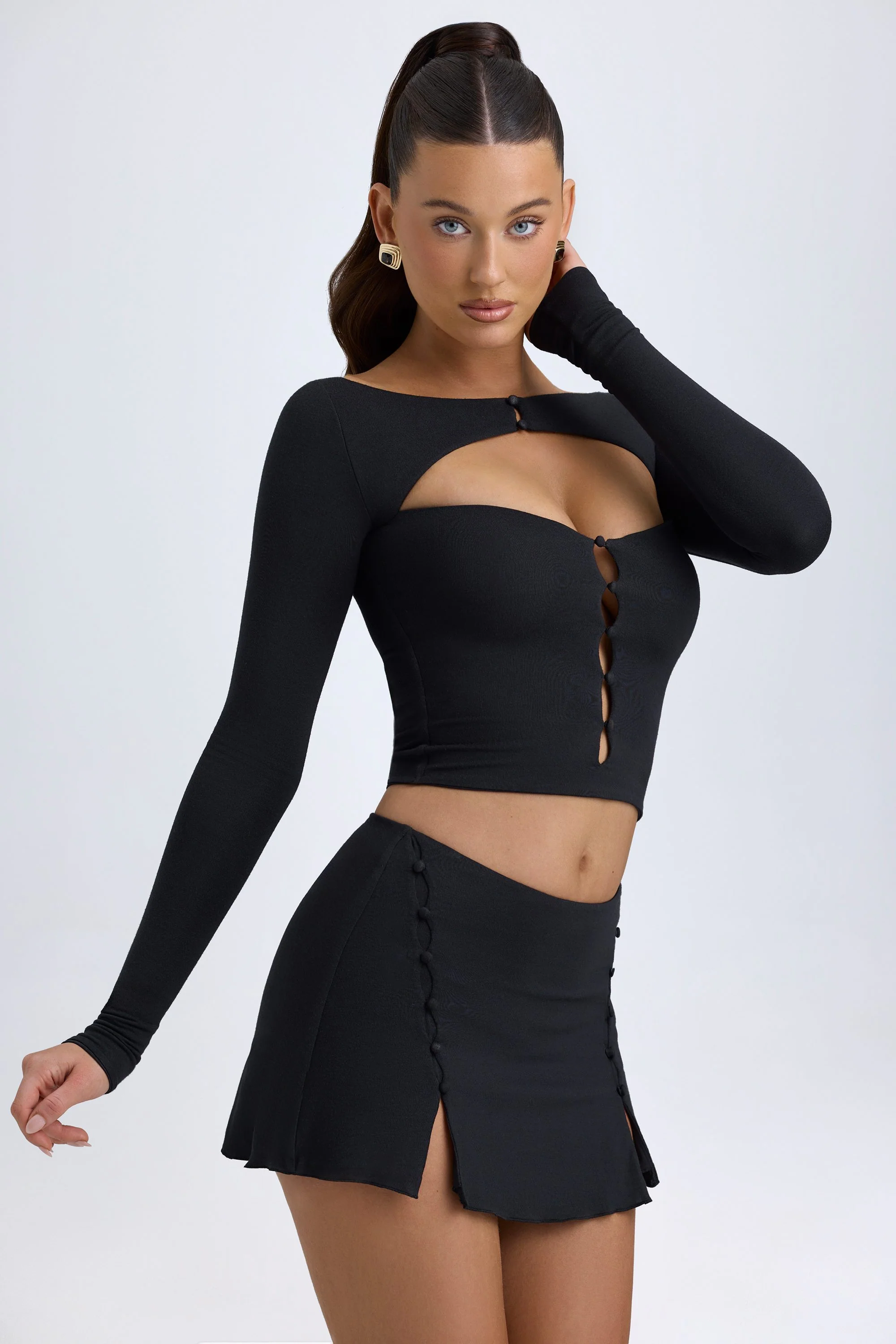 Modal Button-Detail Low-Rise Mini Skirt in Black - Image 7
