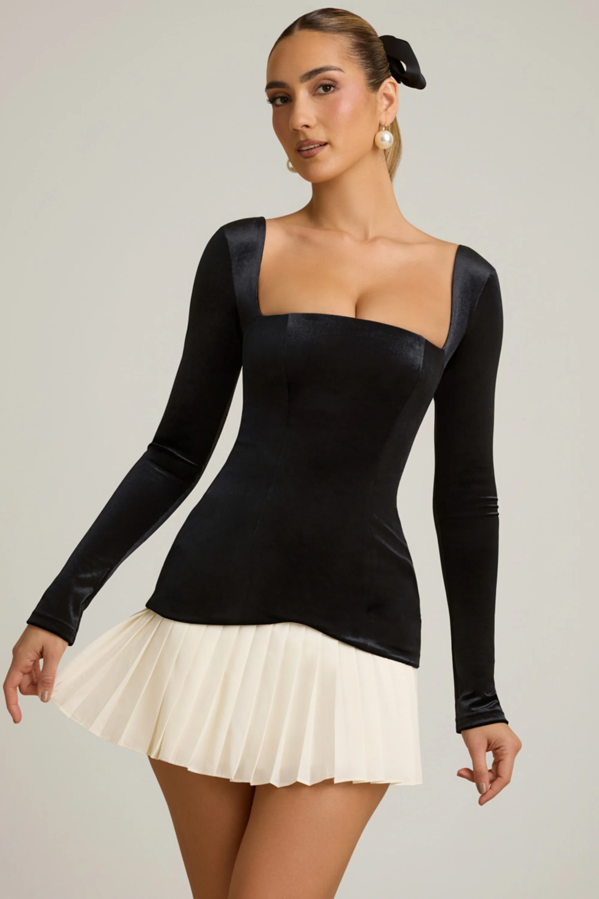 Layered Pleated Corset Mini Dress in Black - Image 5