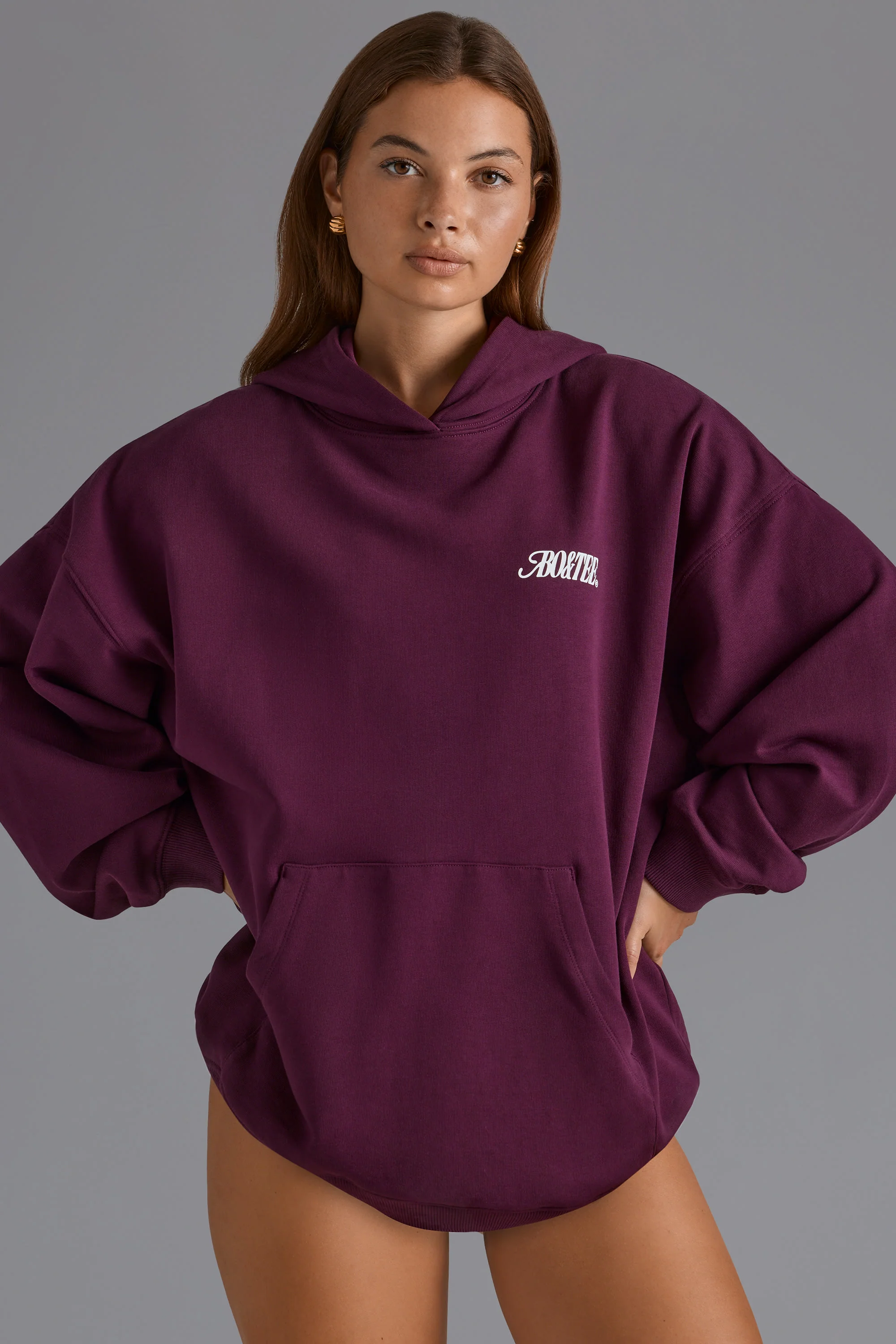 Cotton Fleece Appliqué Oversized Hoodie in Grape - Image 7