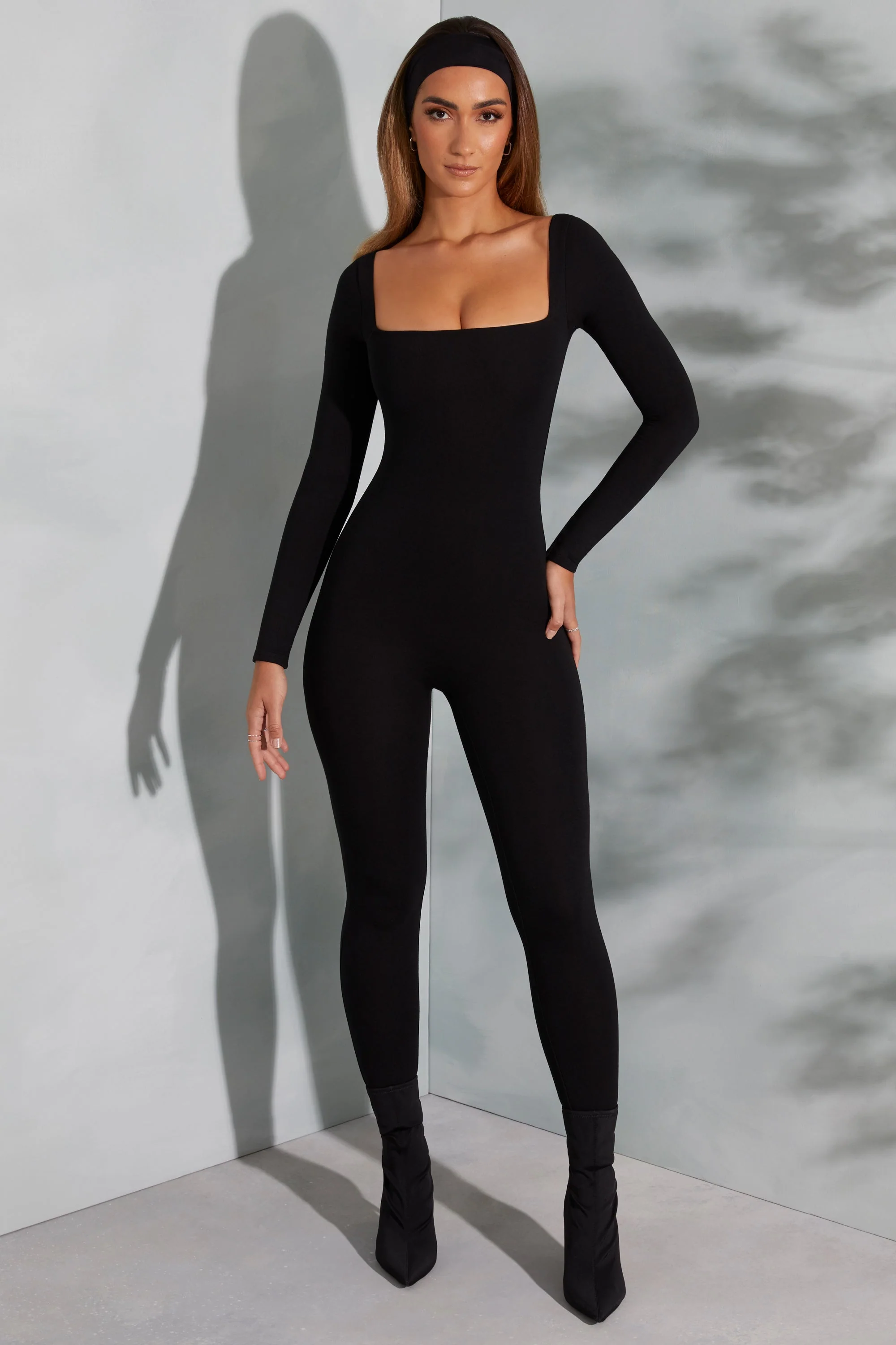 Square Neck Long Sleeve Jumpsuit in Black - Image 9